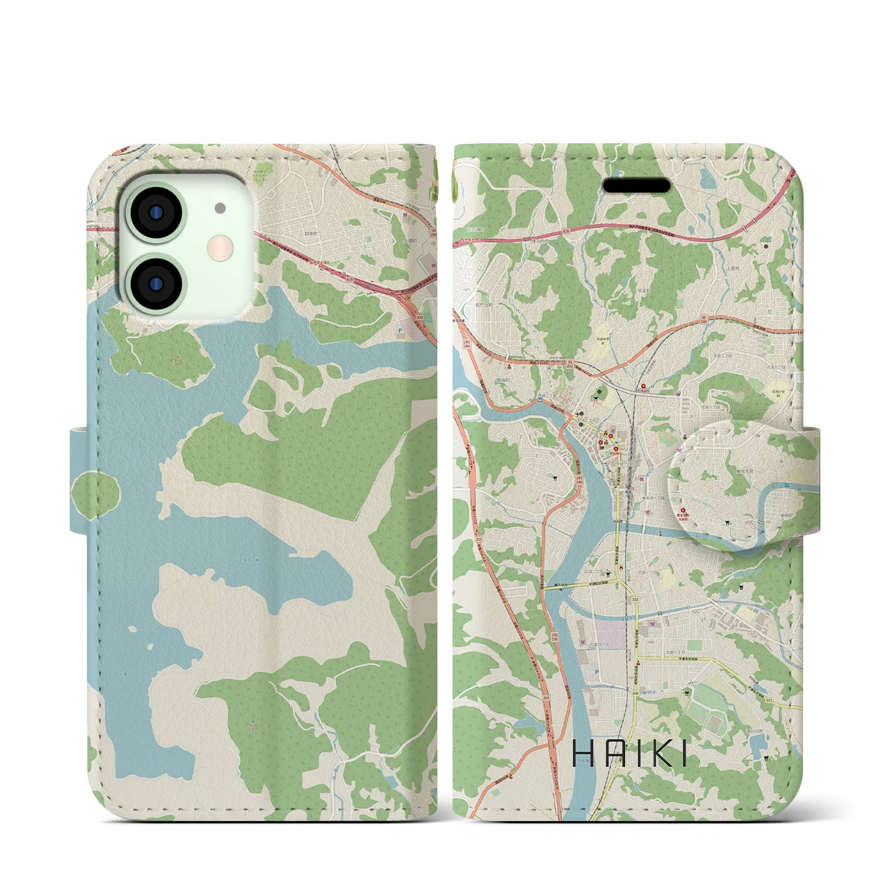 【早岐(長崎県)】地図柄iPhoneケース(手帳タイプ)ナチュラル・iPhone 12 mini 用
