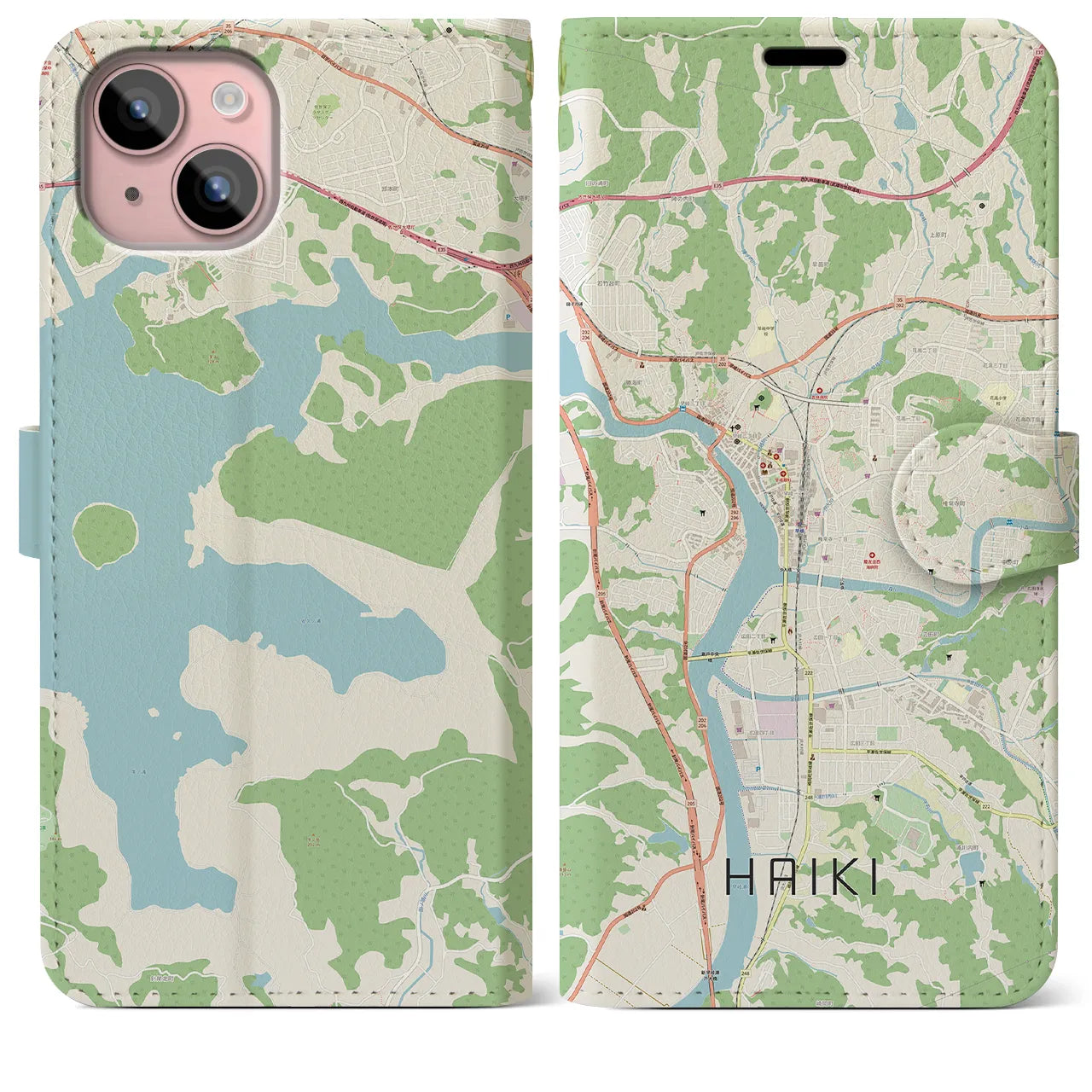 【早岐(長崎県)】地図柄iPhoneケース(手帳タイプ)ナチュラル・iPhone 15 Plus 用