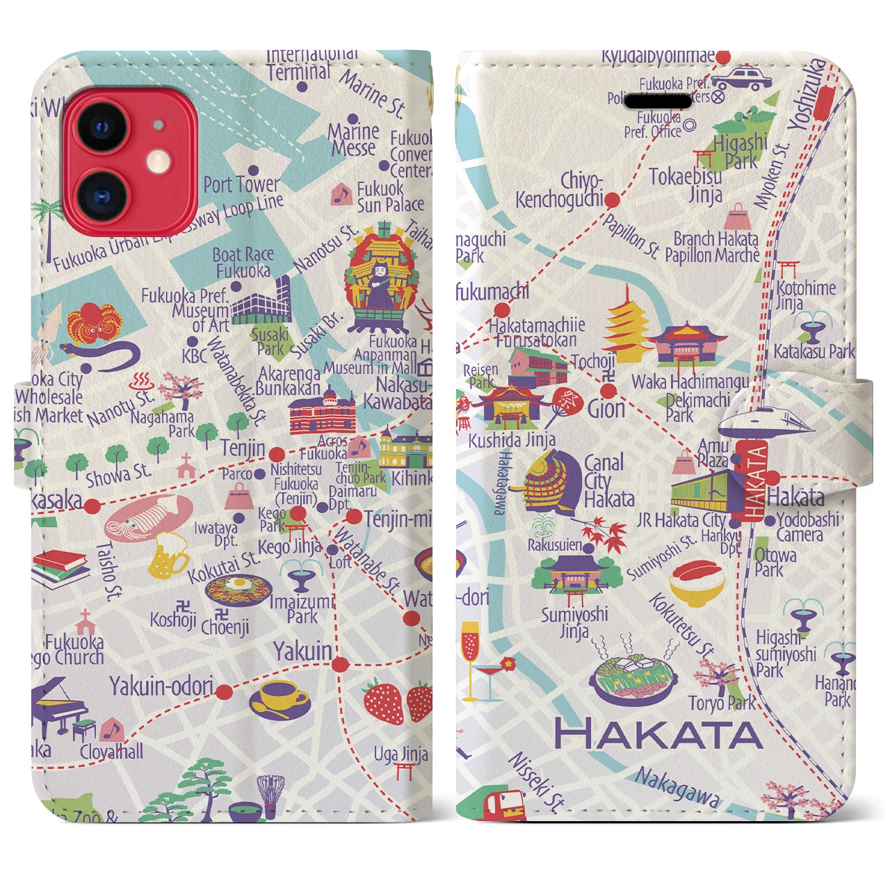 【博多(イラスト)】イラストマップiPhoneケース(手帳タイプ)ブライト・iPhone 11 用