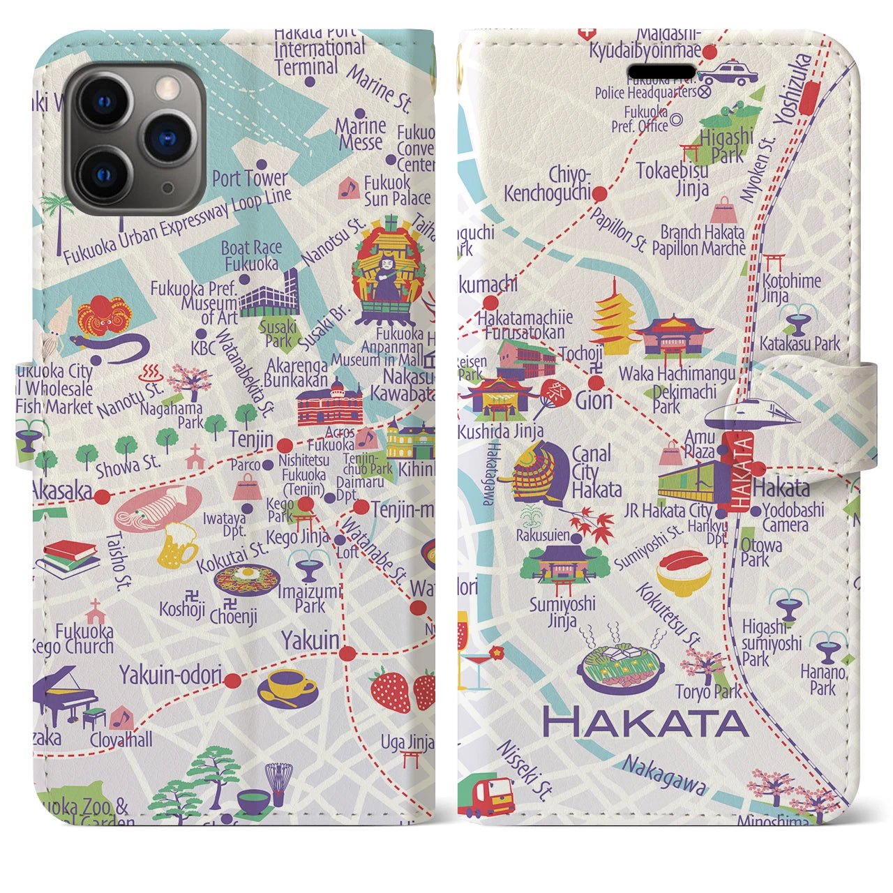 【博多(イラスト)】イラストマップiPhoneケース(手帳タイプ)ブライト・iPhone 11 Pro Max 用