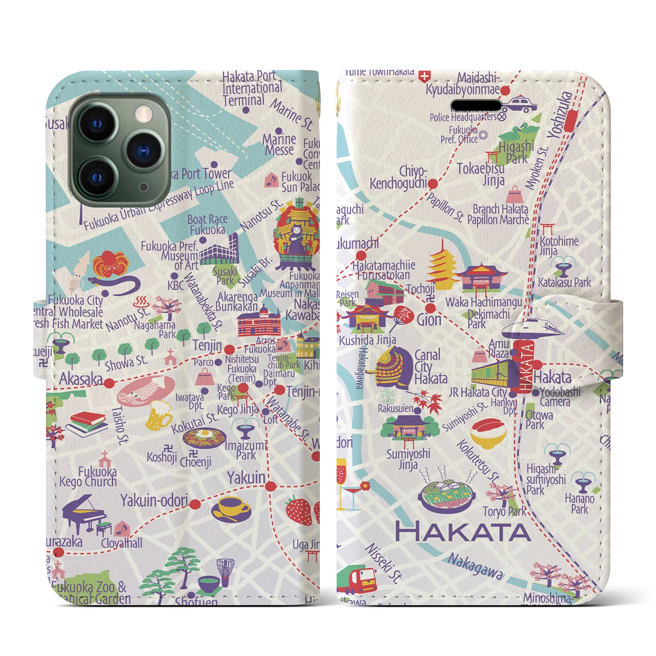 【博多(イラスト)】イラストマップiPhoneケース(手帳タイプ)ブライト・iPhone 11 Pro 用
