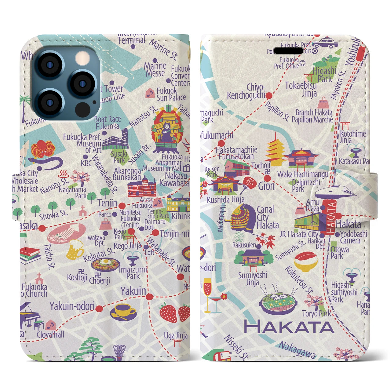 【博多(イラスト)】イラストマップiPhoneケース(手帳タイプ)ブライト・iPhone 12 / 12 Pro 用