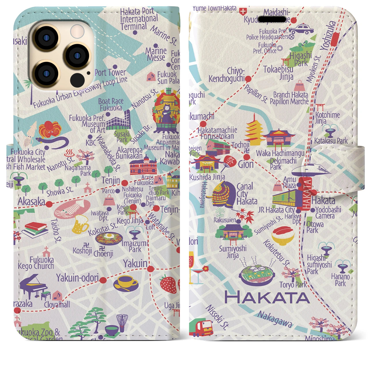 【博多(イラスト)】イラストマップiPhoneケース(手帳タイプ)ブライト・iPhone 12 Pro Max 用