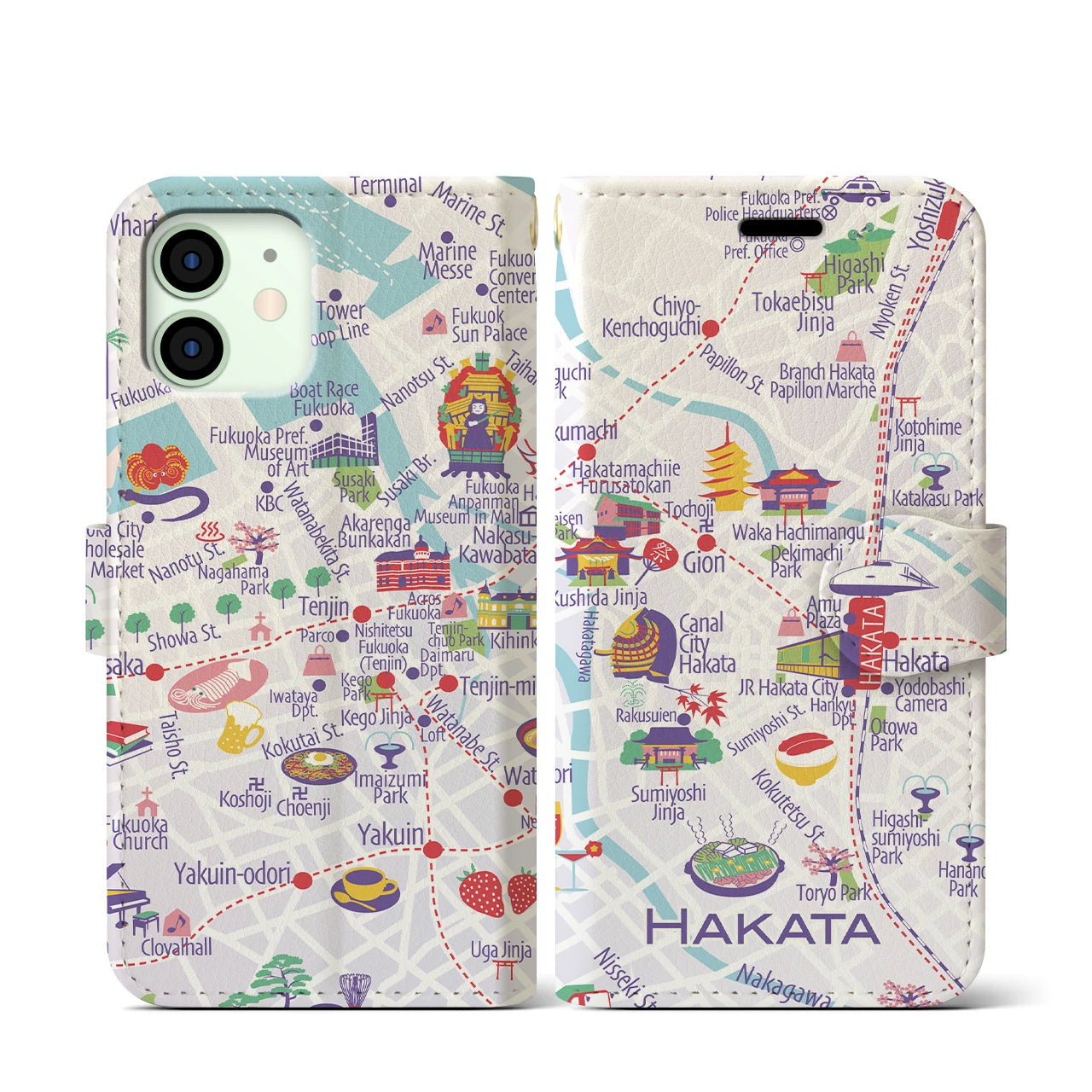 【博多(イラスト)】イラストマップiPhoneケース(手帳タイプ)ブライト・iPhone 12 mini 用