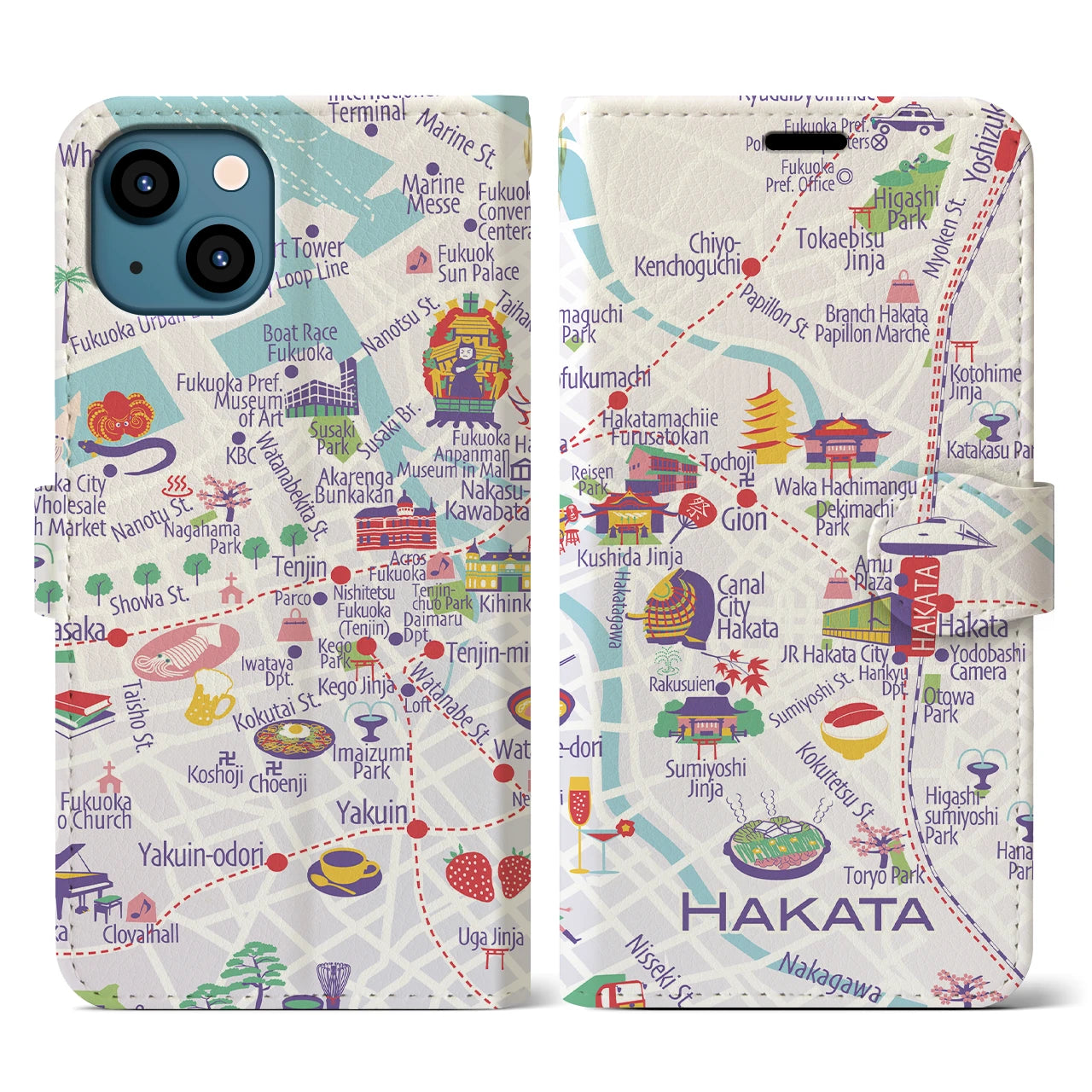 【博多(イラスト)】イラストマップiPhoneケース(手帳タイプ)ブライト・iPhone 13 用