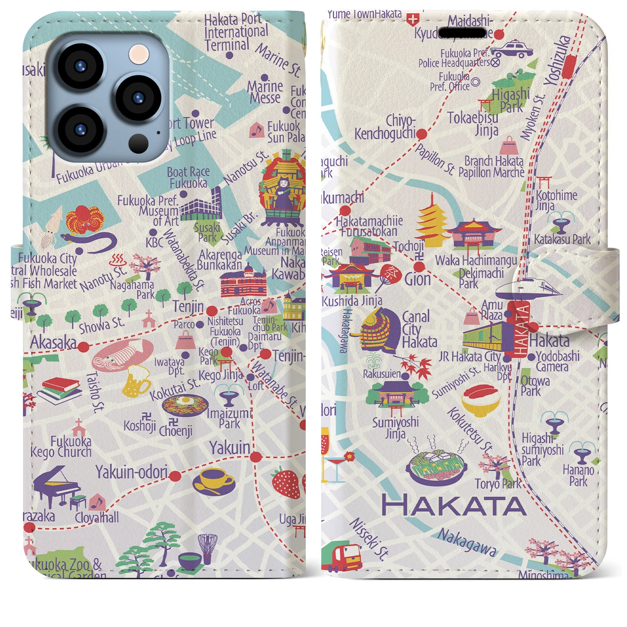 【博多(イラスト)】イラストマップiPhoneケース(手帳タイプ)ブライト・iPhone 13 Pro Max 用