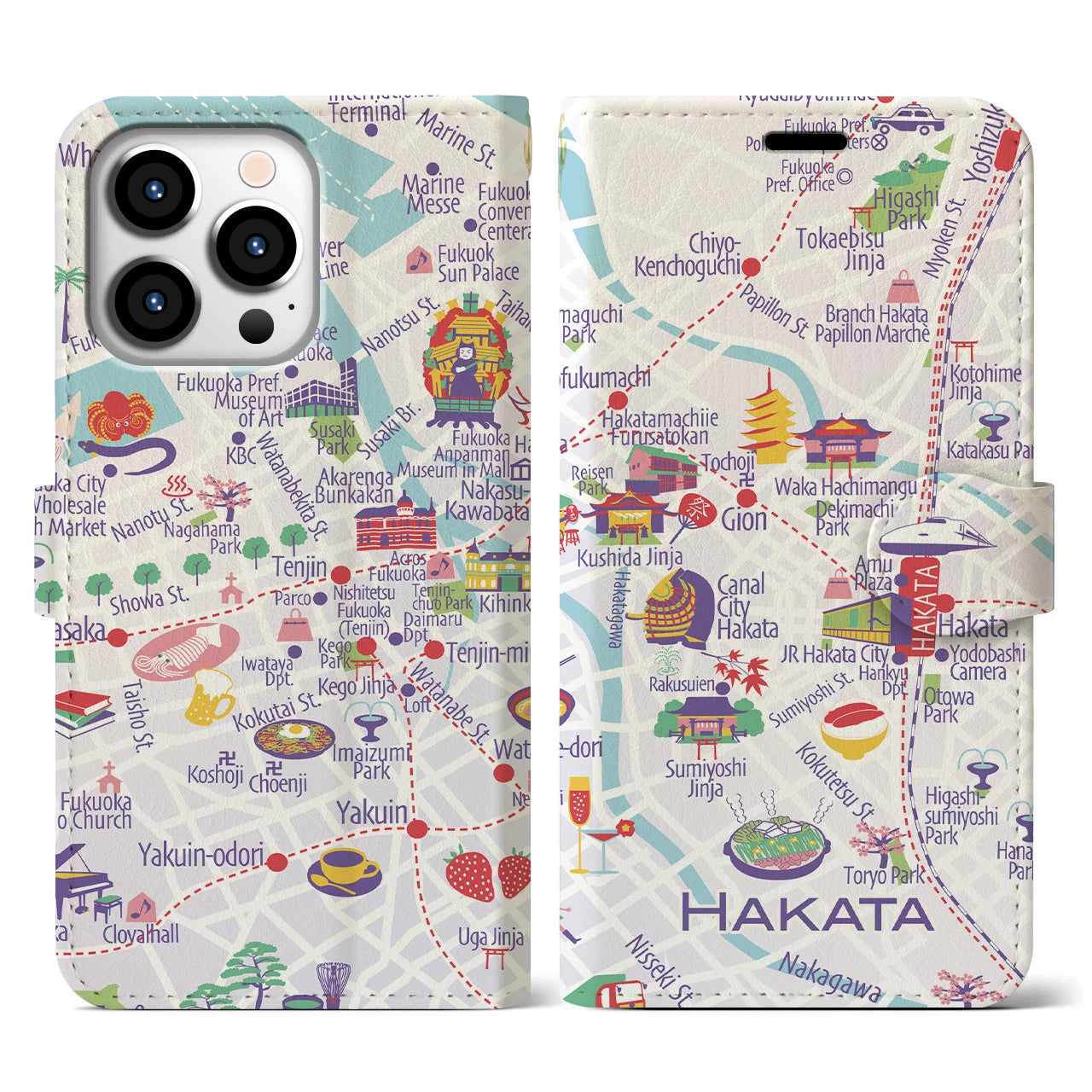 【博多(イラスト)】イラストマップiPhoneケース(手帳タイプ)ブライト・iPhone 13 Pro 用