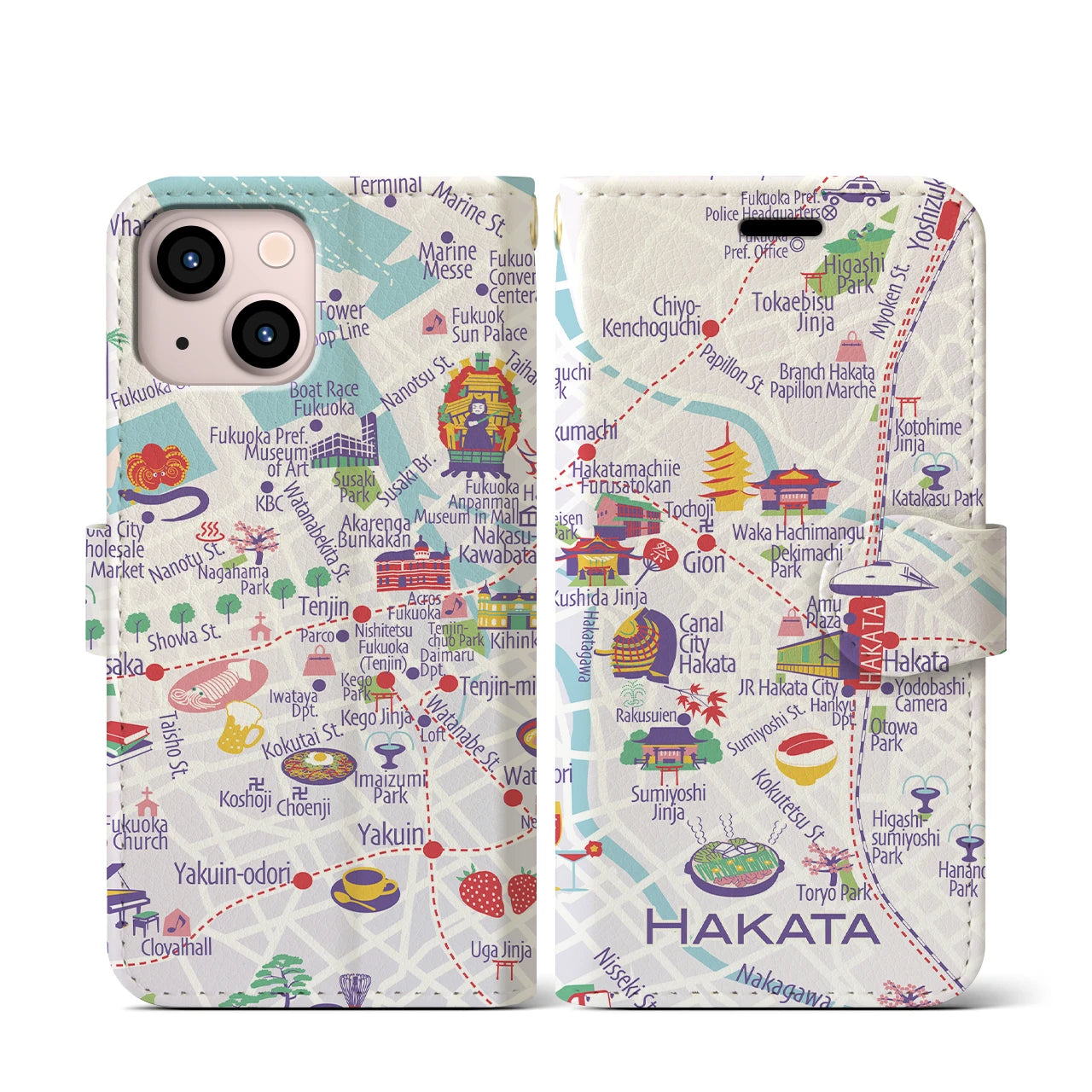 【博多(イラスト)】イラストマップiPhoneケース(手帳タイプ)ブライト・iPhone 13 mini 用