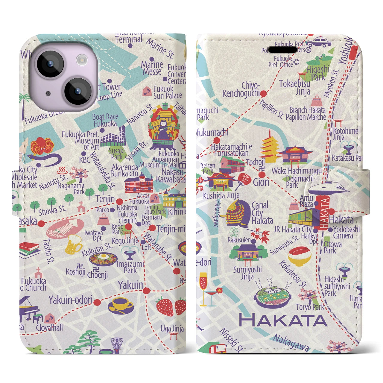 【博多(イラスト)】イラストマップiPhoneケース(手帳タイプ)ブライト・iPhone 14 用