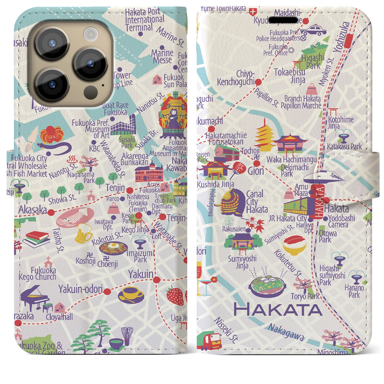 【博多(イラスト)】イラストマップiPhoneケース(手帳タイプ)ブライト・iPhone 14 Pro Max 用