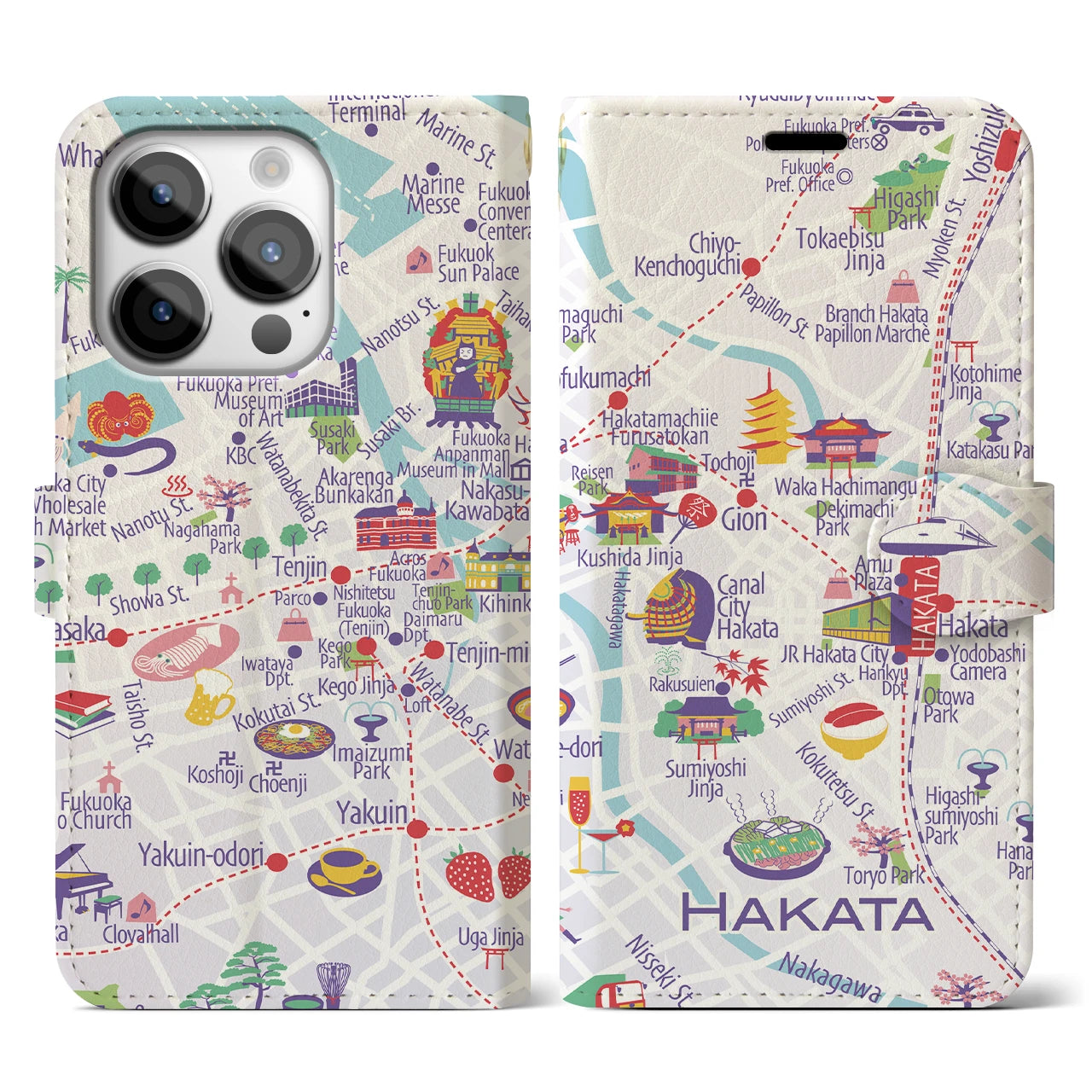 【博多(イラスト)】イラストマップiPhoneケース(手帳タイプ)ブライト・iPhone 14 Pro 用