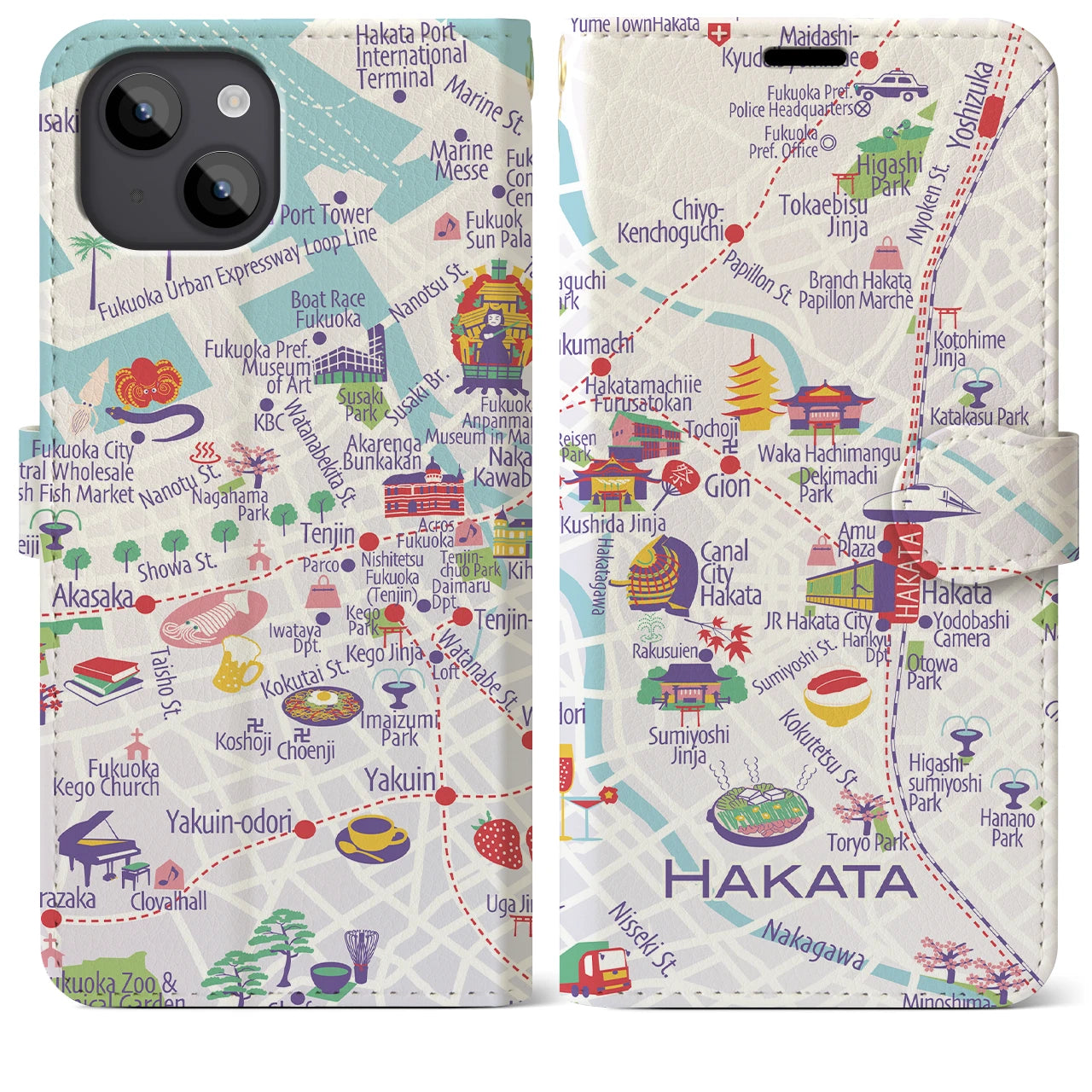 【博多(イラスト)】イラストマップiPhoneケース(手帳タイプ)ブライト・iPhone 14 Plus 用