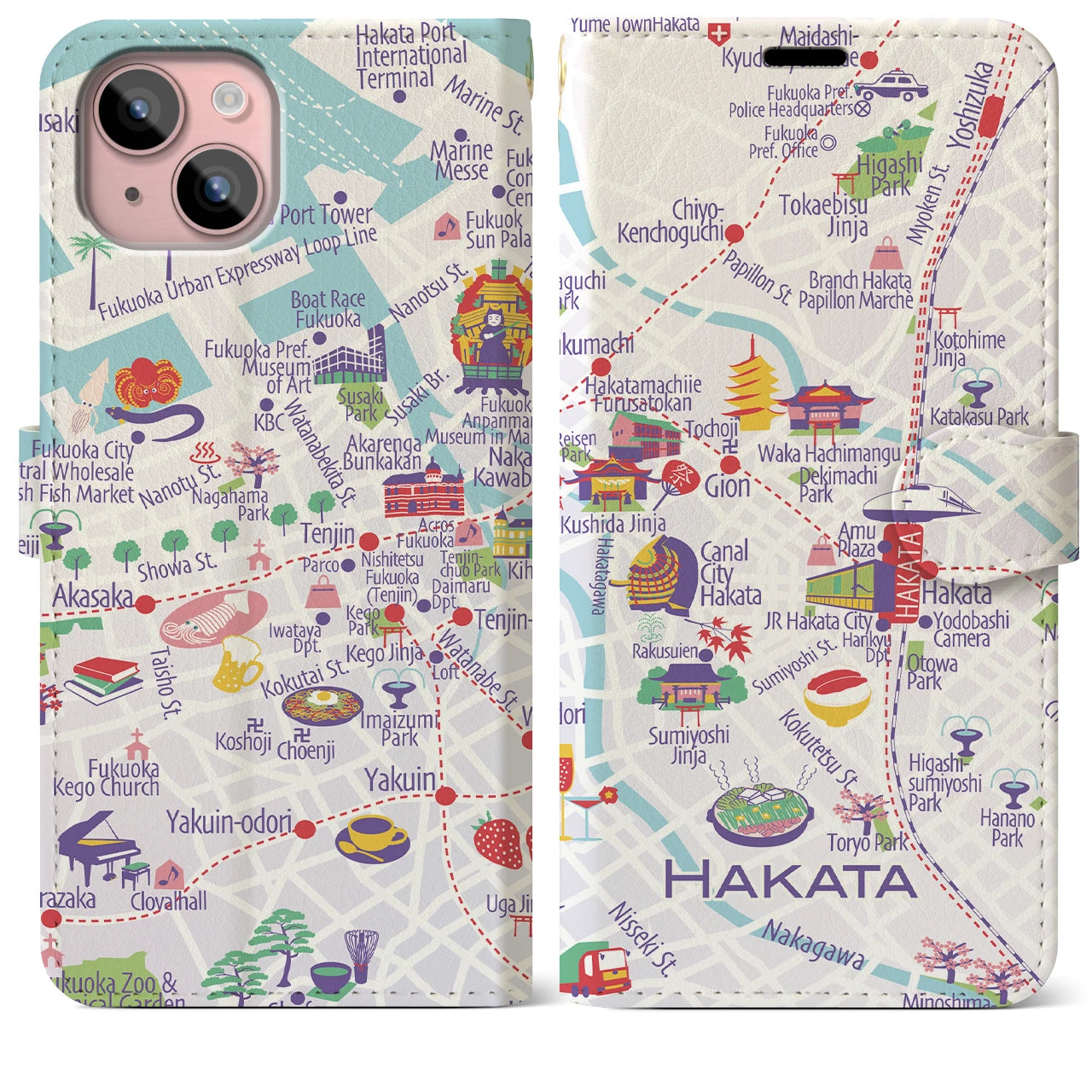 【博多(イラスト)】イラストマップiPhoneケース(手帳タイプ)ブライト・iPhone 15 Plus 用