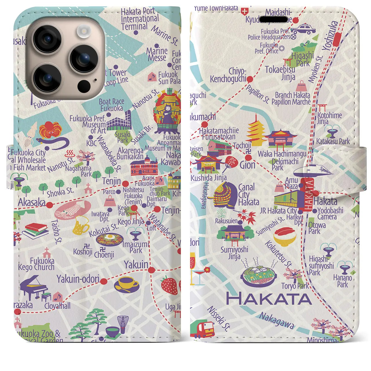 【博多(イラスト)】イラストマップiPhoneケース(手帳タイプ)ブライト・iPhone 16 Plus 用