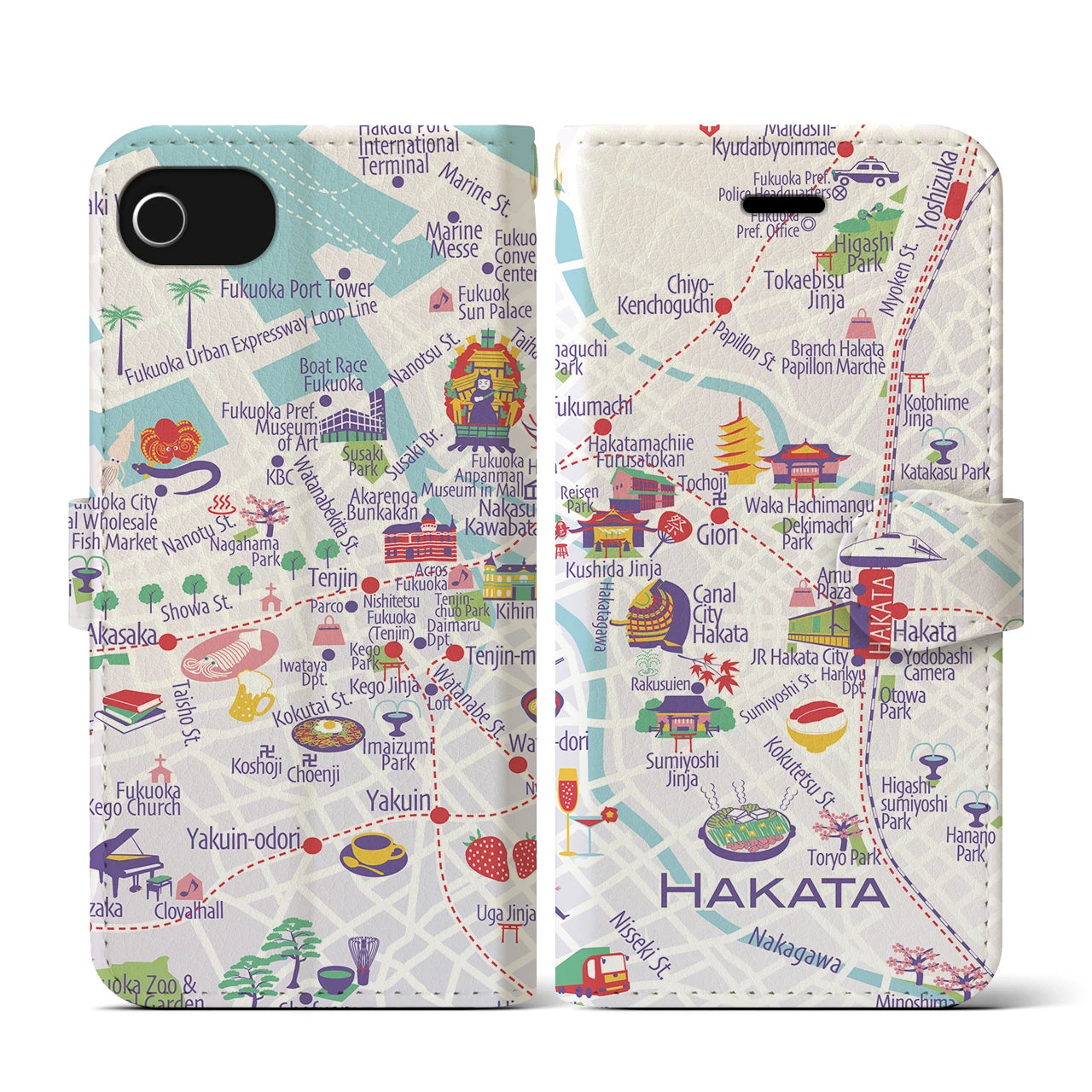 【博多(イラスト)】イラストマップiPhoneケース(手帳タイプ)ブライト・iPhone SE(第3 / 第2世代) / 8 / 7 / 6s / 6 用