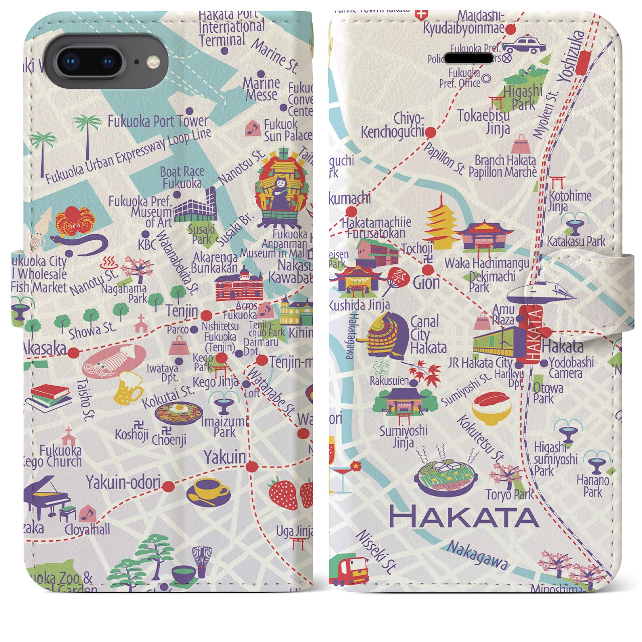 【博多(イラスト)】イラストマップiPhoneケース(手帳タイプ)ブライト・iPhone 8Plus /7Plus / 6sPlus / 6Plus 用