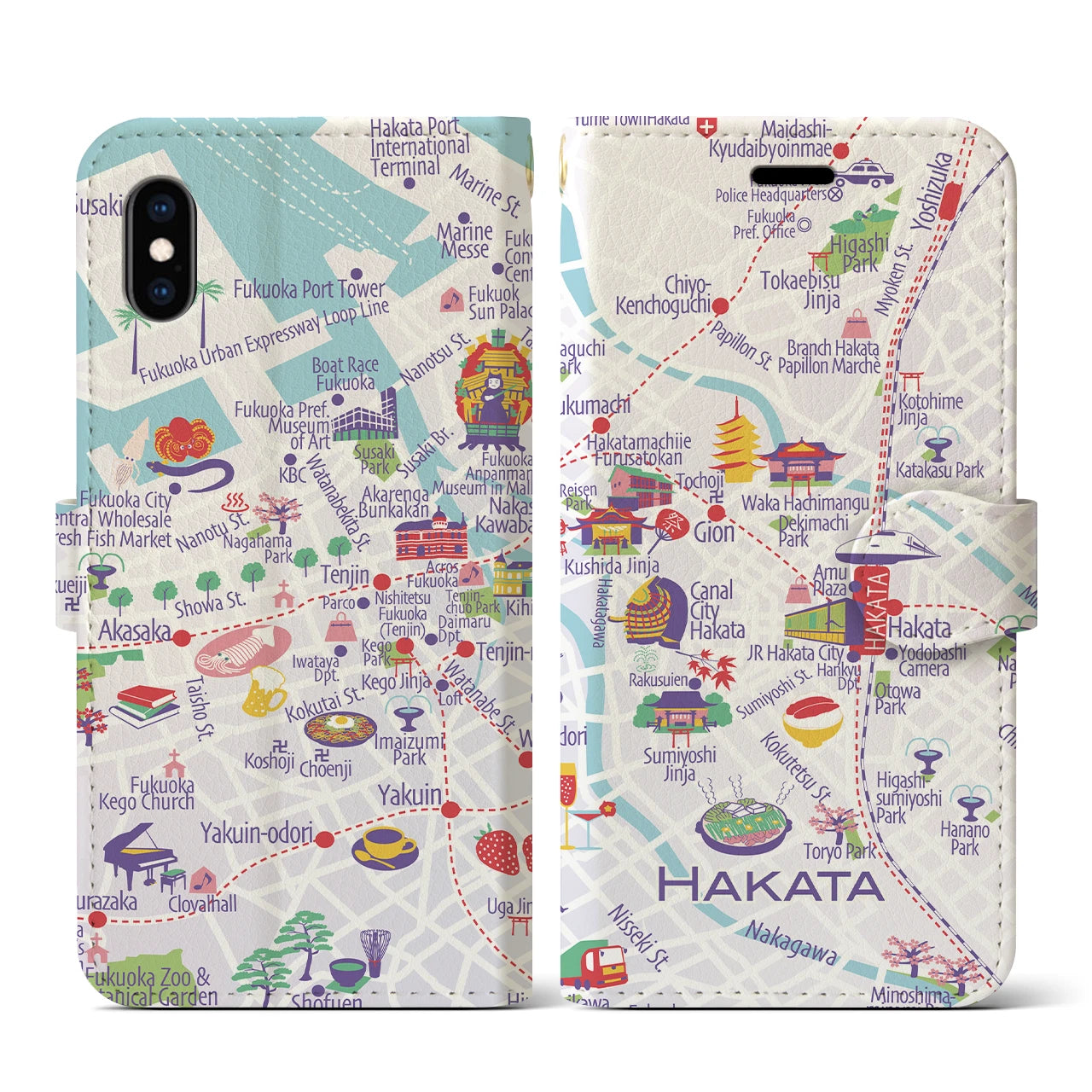 【博多(イラスト)】イラストマップiPhoneケース(手帳タイプ)ブライト・iPhone XS / X 用