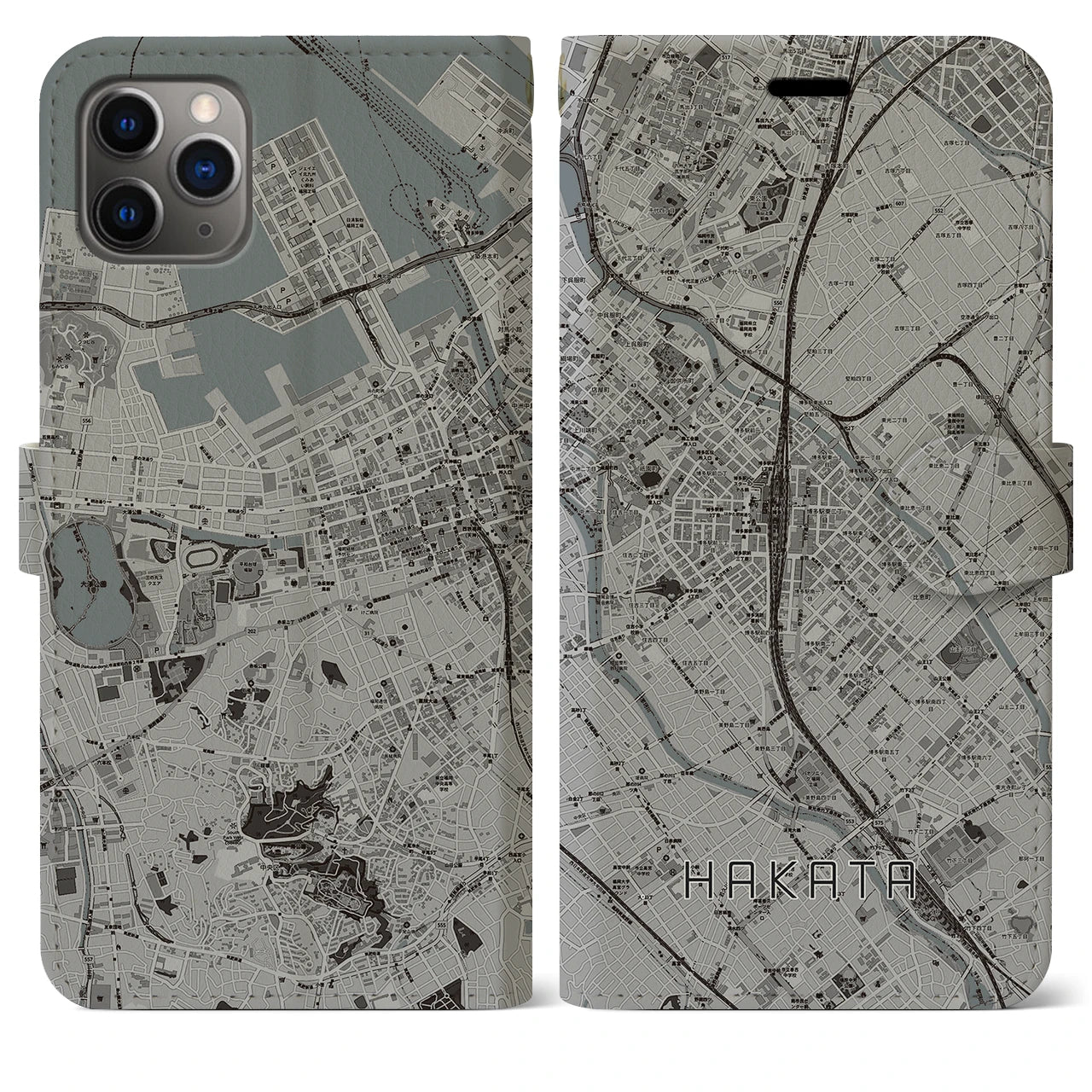 【博多2(福岡県)】地図柄iPhoneケース(手帳タイプ)モノトーン・iPhone 11 Pro Max 用