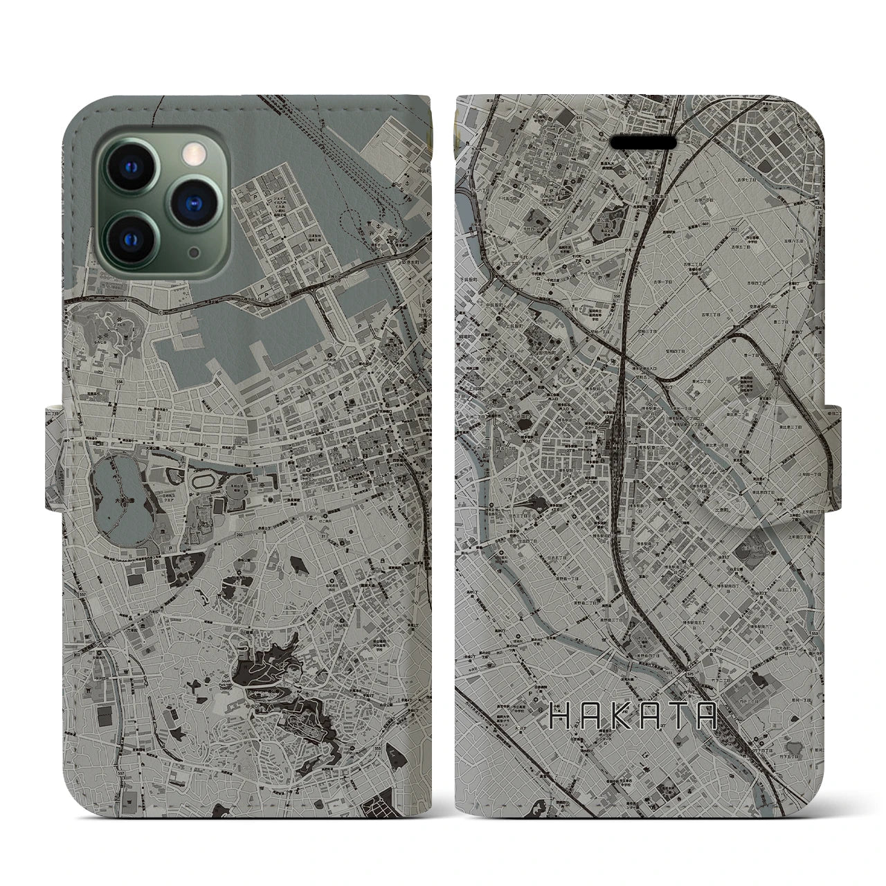 【博多2(福岡県)】地図柄iPhoneケース(手帳タイプ)モノトーン・iPhone 11 Pro 用