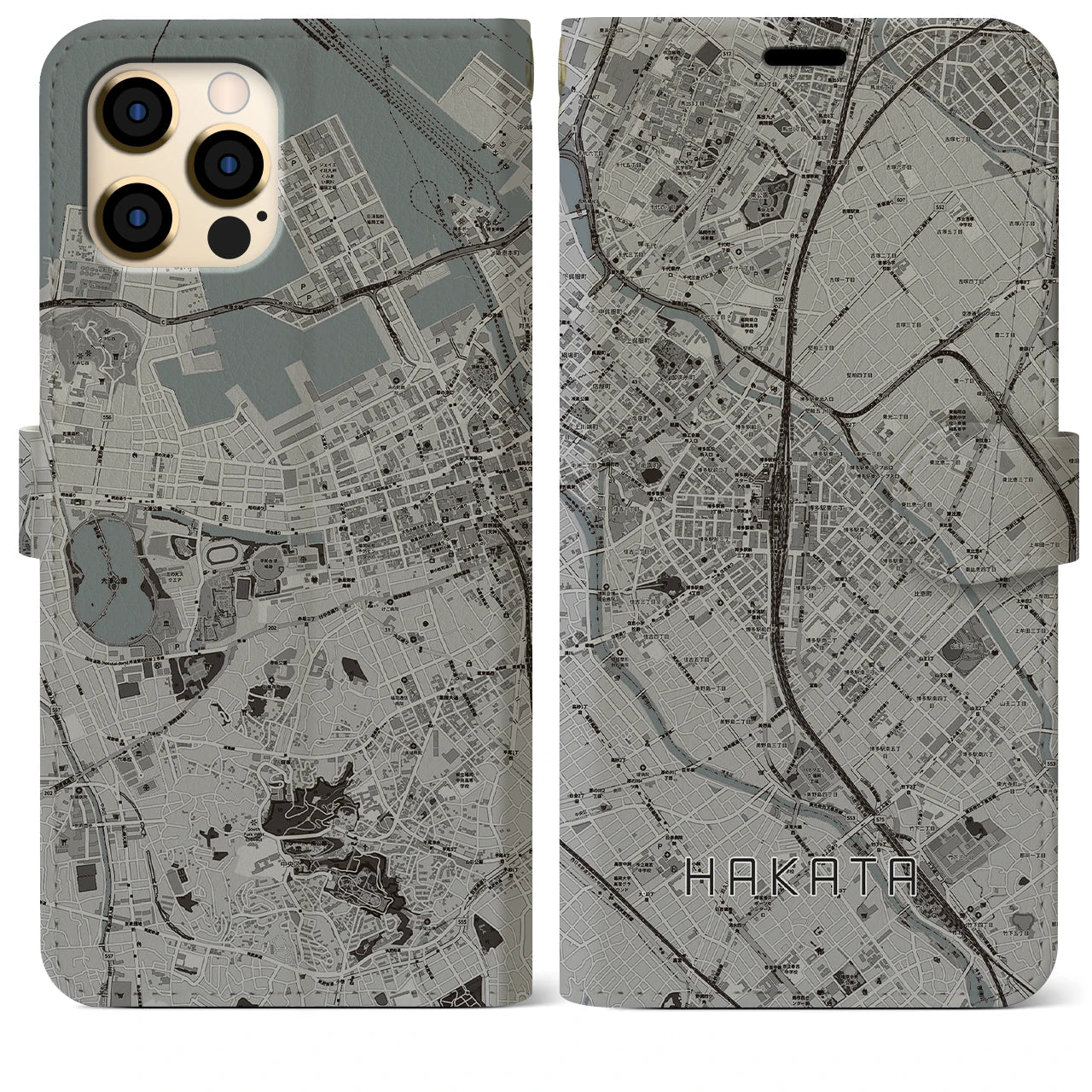 【博多2(福岡県)】地図柄iPhoneケース(手帳タイプ)モノトーン・iPhone 12 Pro Max 用