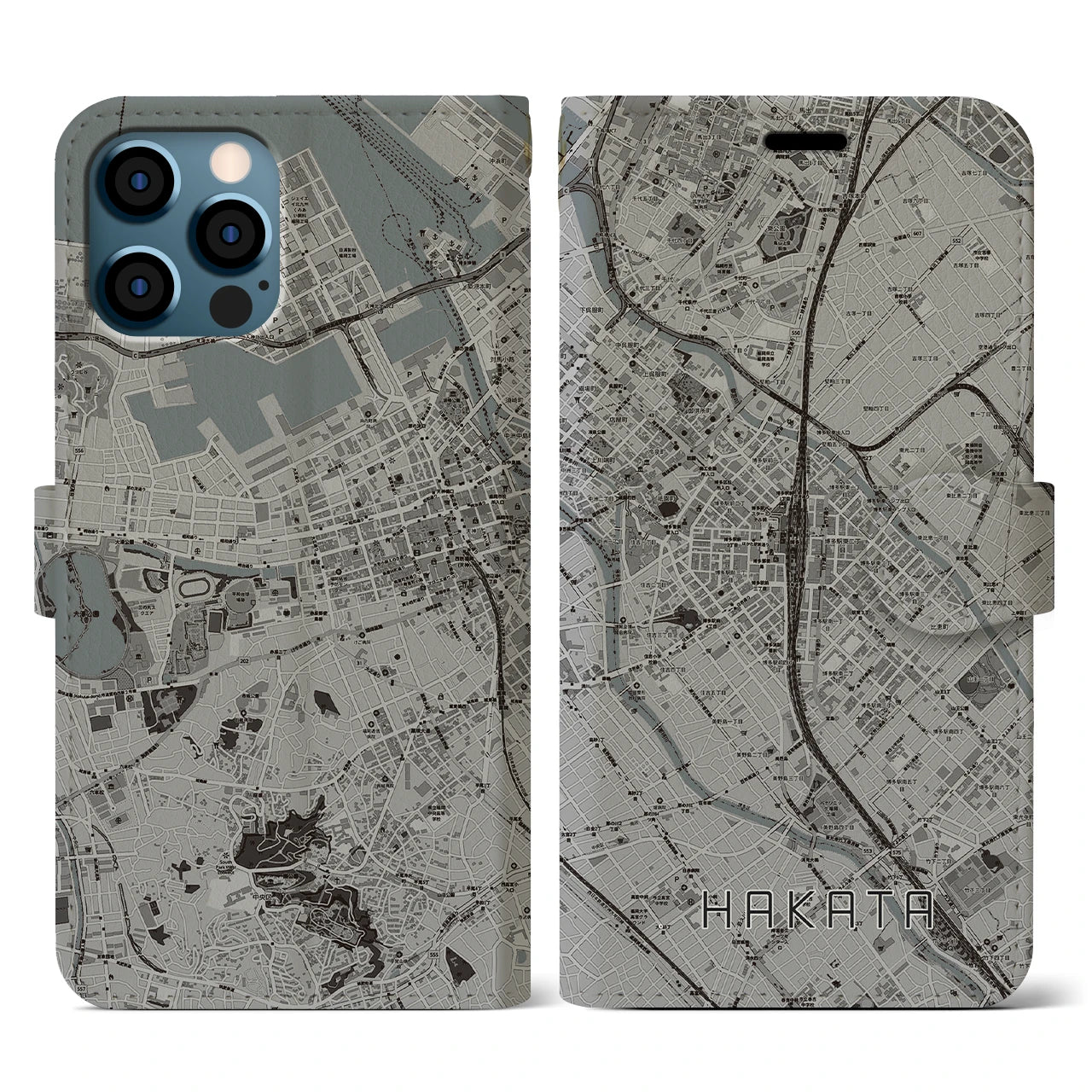 【博多2(福岡県)】地図柄iPhoneケース(手帳タイプ)モノトーン・iPhone 12 / 12 Pro 用