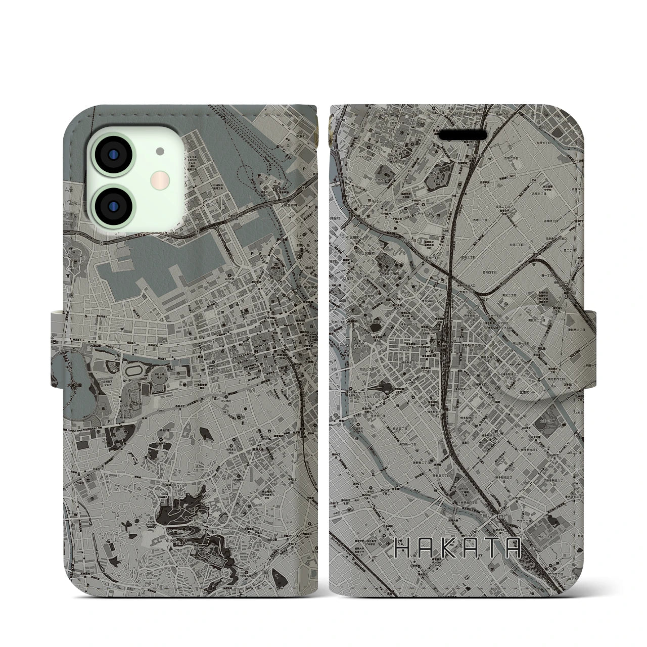 【博多2(福岡県)】地図柄iPhoneケース(手帳タイプ)モノトーン・iPhone 12 mini 用