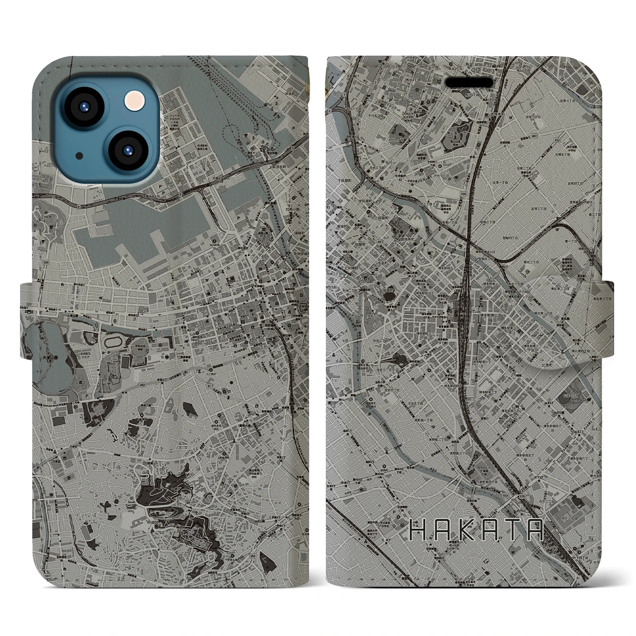 【博多2(福岡県)】地図柄iPhoneケース(手帳タイプ)モノトーン・iPhone 13 用