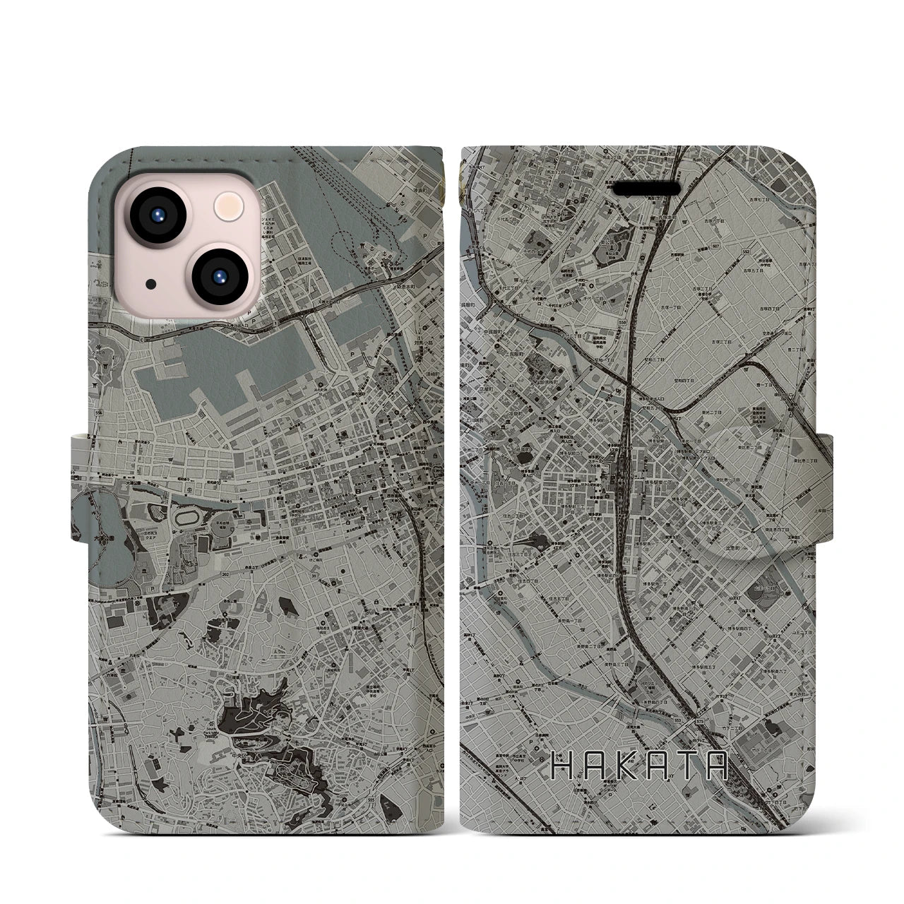 【博多2(福岡県)】地図柄iPhoneケース(手帳タイプ)モノトーン・iPhone 13 mini 用