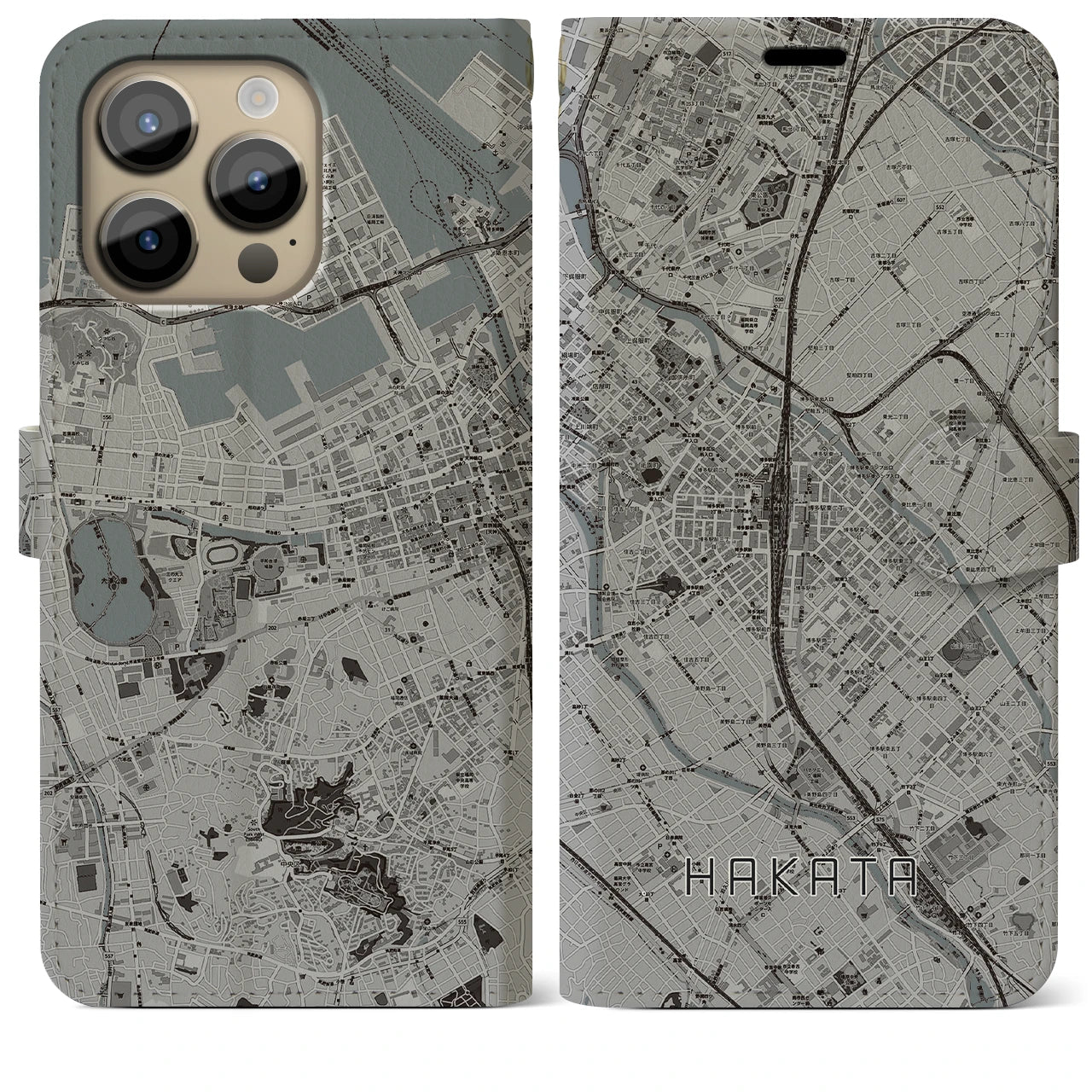 【博多2(福岡県)】地図柄iPhoneケース(手帳タイプ)モノトーン・iPhone 14 Pro Max 用