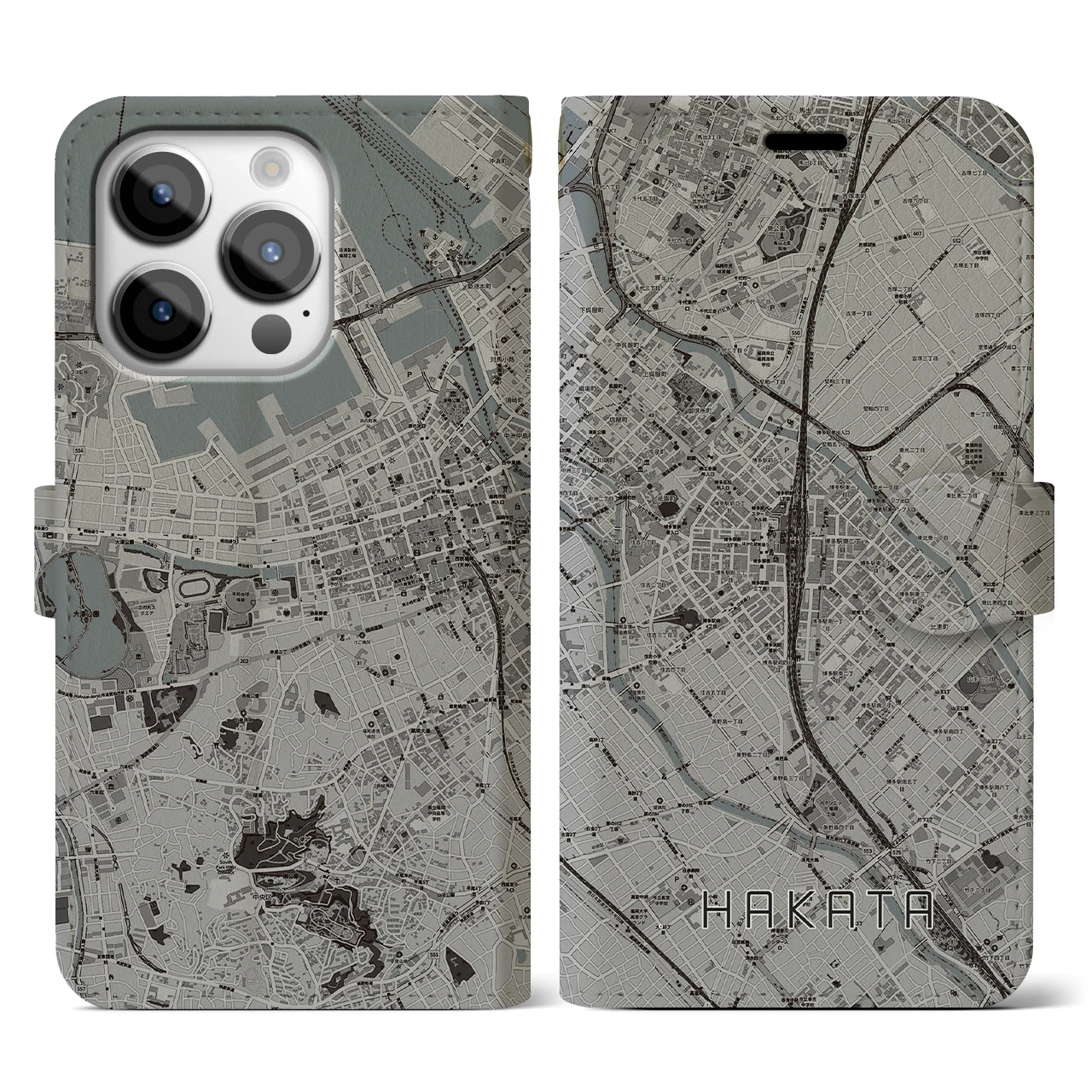 【博多2(福岡県)】地図柄iPhoneケース(手帳タイプ)モノトーン・iPhone 14 Pro 用