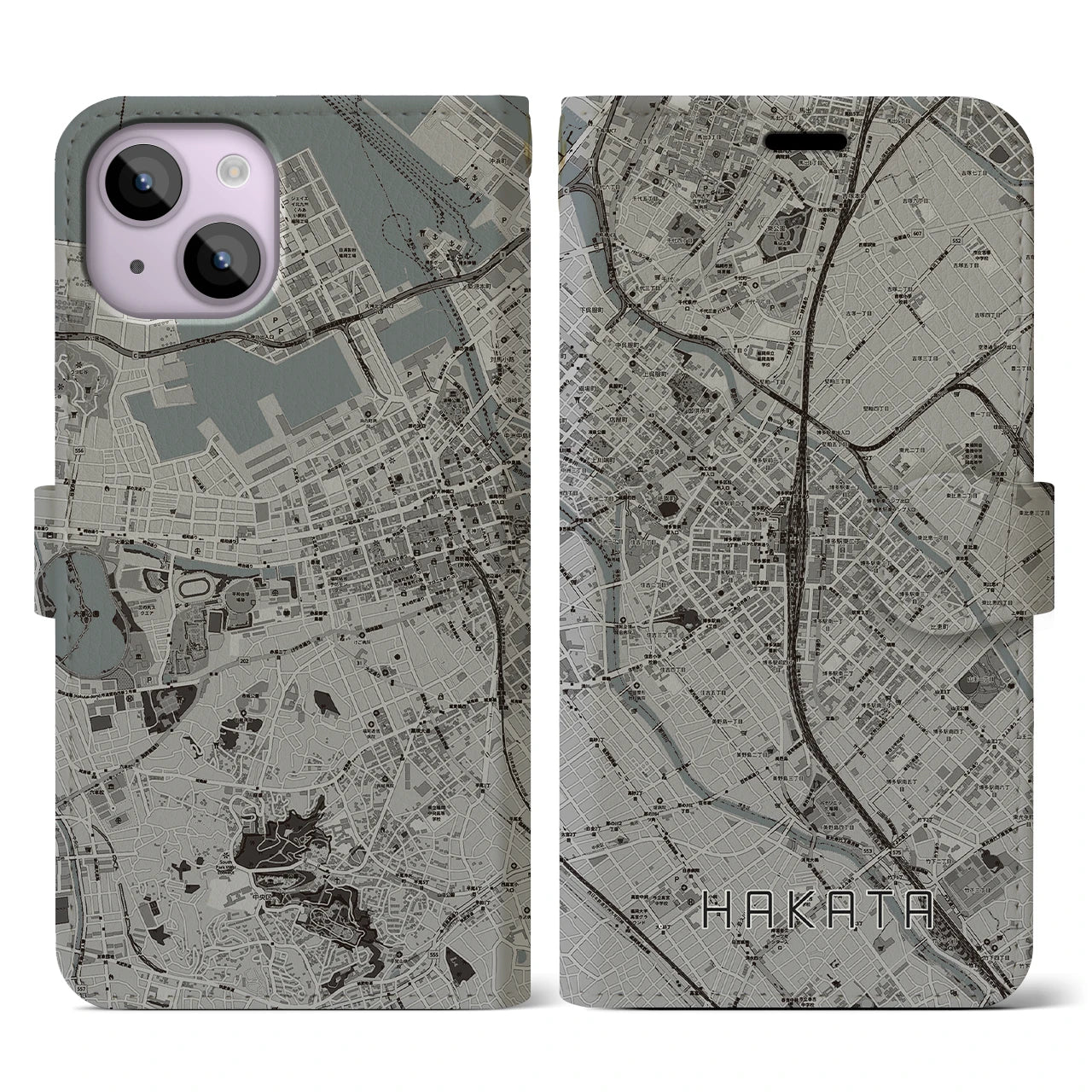 【博多2(福岡県)】地図柄iPhoneケース(手帳タイプ)モノトーン・iPhone 14 用