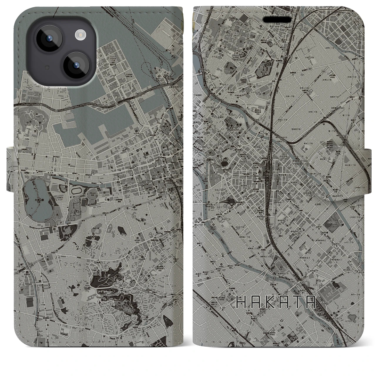 【博多2(福岡県)】地図柄iPhoneケース(手帳タイプ)モノトーン・iPhone 14 Plus 用