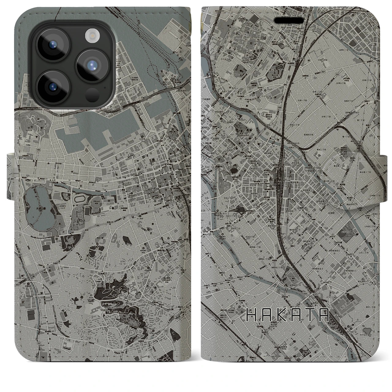 【博多2(福岡県)】地図柄iPhoneケース(手帳タイプ)モノトーン・iPhone 15 Pro Max 用