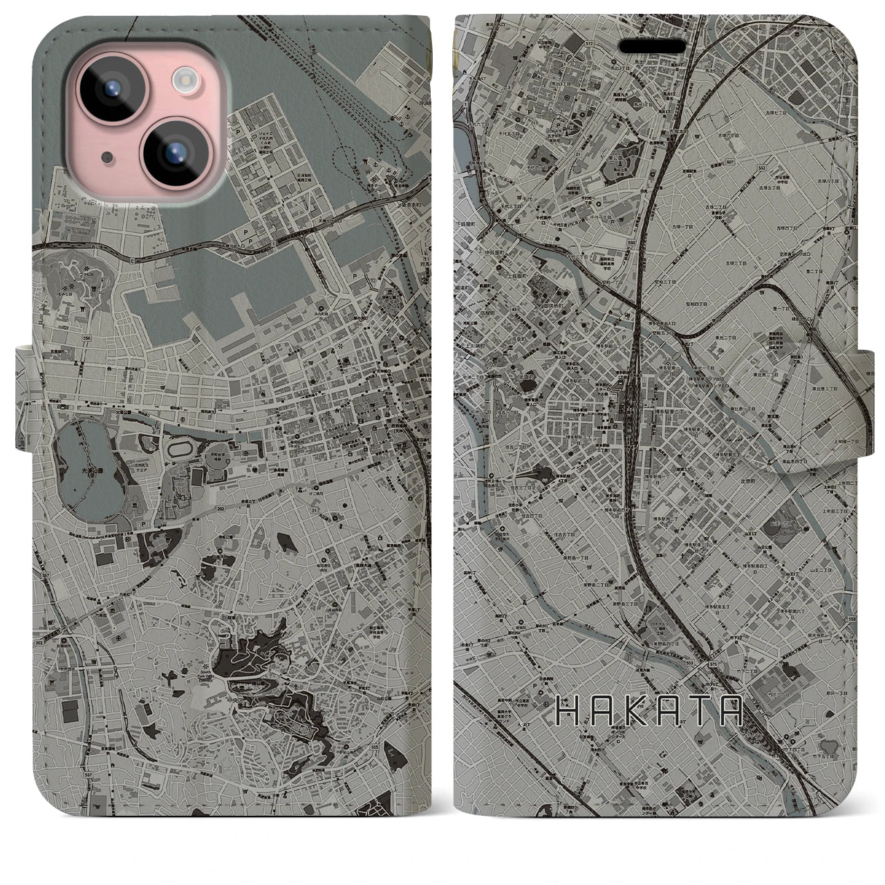 【博多2(福岡県)】地図柄iPhoneケース(手帳タイプ)モノトーン・iPhone 15 Plus 用