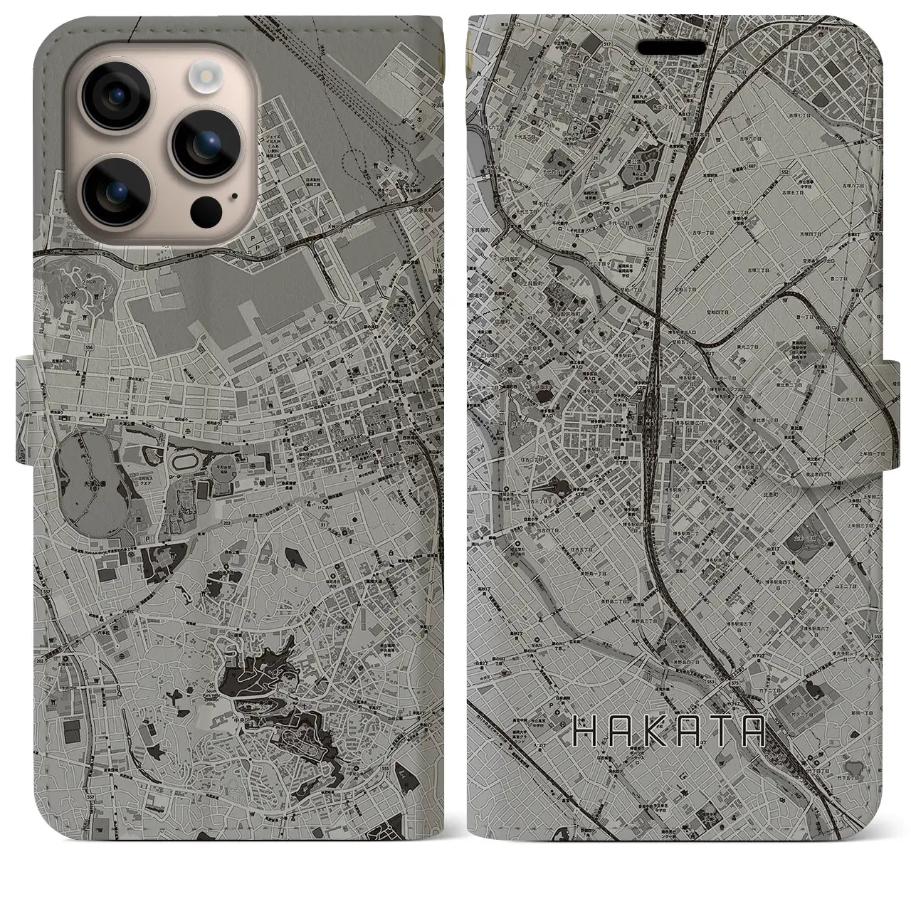 【博多2(福岡県)】地図柄iPhoneケース(手帳タイプ)モノトーン・iPhone 16 Plus 用