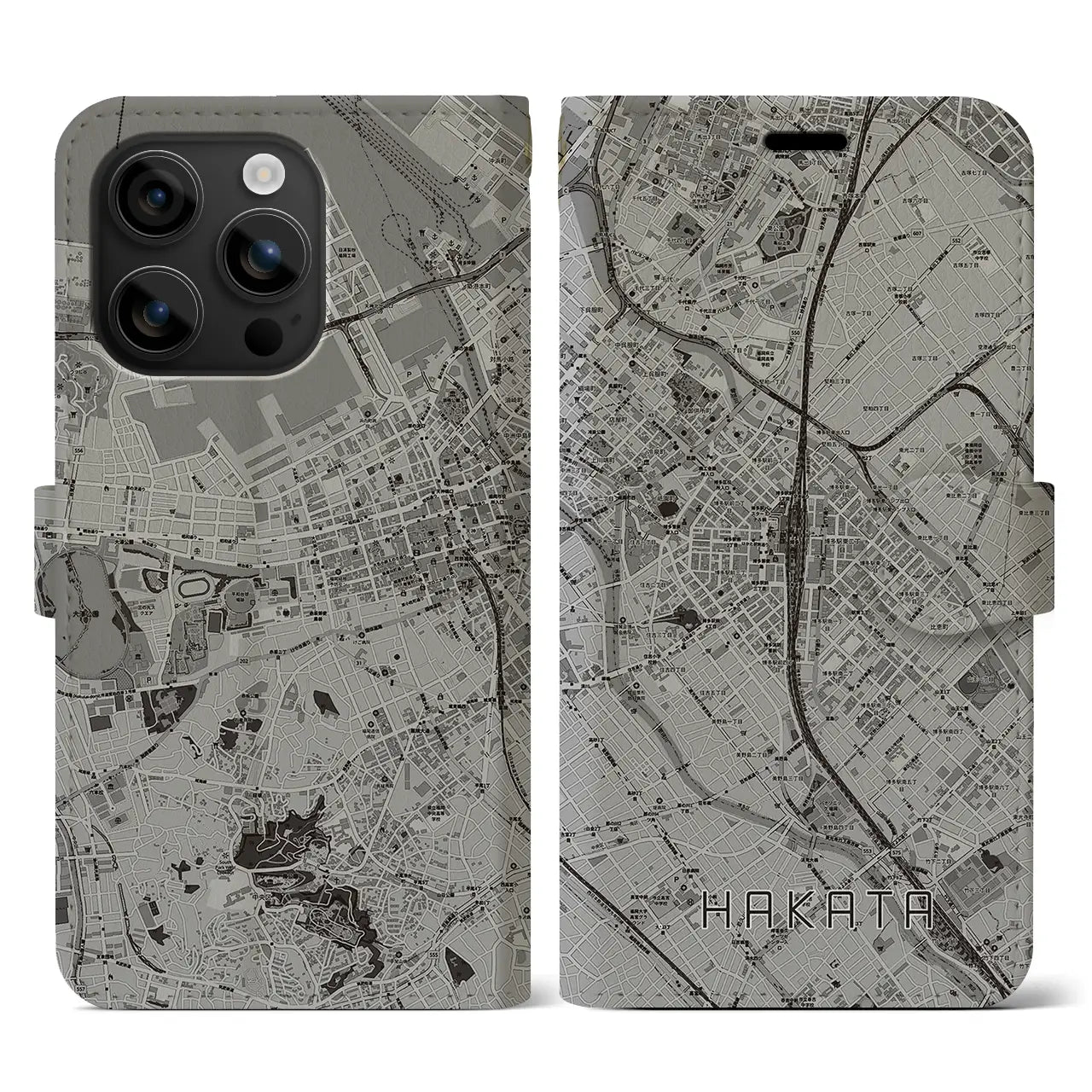 【博多2(福岡県)】地図柄iPhoneケース(手帳タイプ)モノトーン・iPhone 16 用