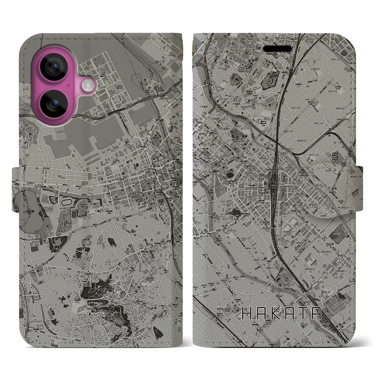 【博多2(福岡県)】地図柄iPhoneケース(手帳タイプ)モノトーン・iPhone 16 Pro 用