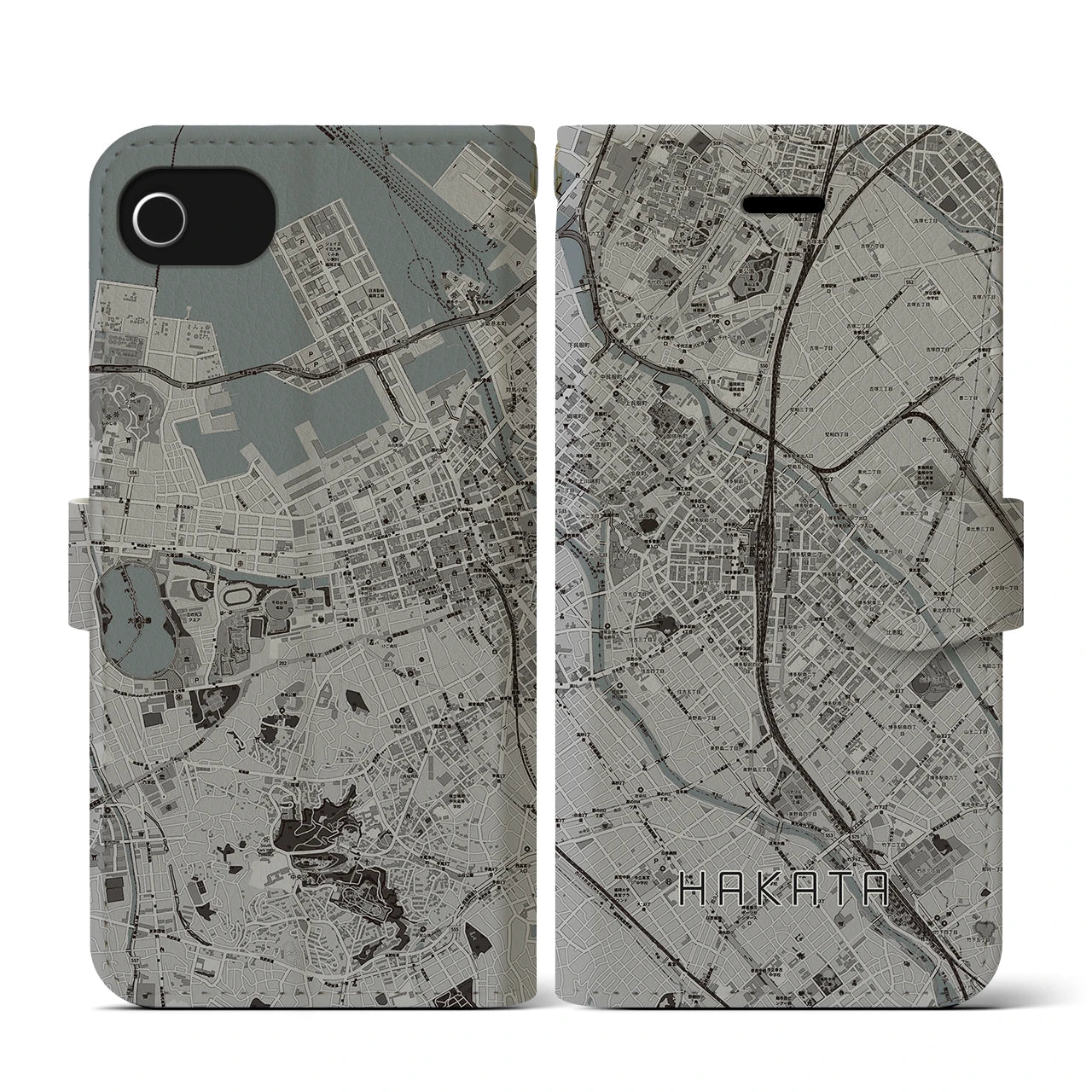 【博多2(福岡県)】地図柄iPhoneケース(手帳タイプ)モノトーン・iPhone SE(第3 / 第2世代) / 8 / 7 / 6s / 6 用