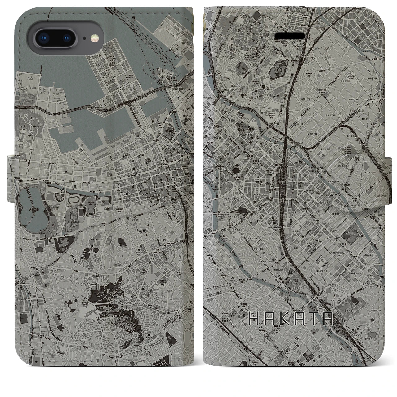 【博多2(福岡県)】地図柄iPhoneケース(手帳タイプ)モノトーン・iPhone 8Plus /7Plus / 6sPlus / 6Plus 用