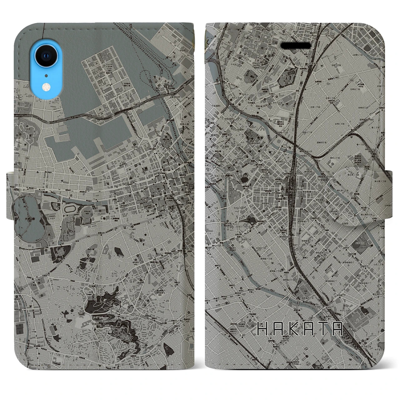 【博多2(福岡県)】地図柄iPhoneケース(手帳タイプ)モノトーン・iPhone XR 用