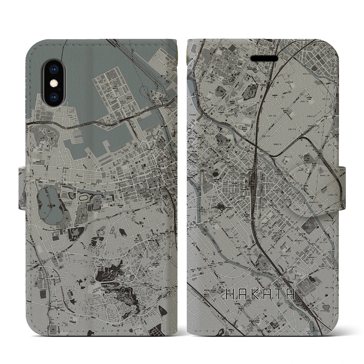 【博多2(福岡県)】地図柄iPhoneケース(手帳タイプ)モノトーン・iPhone XS / X 用