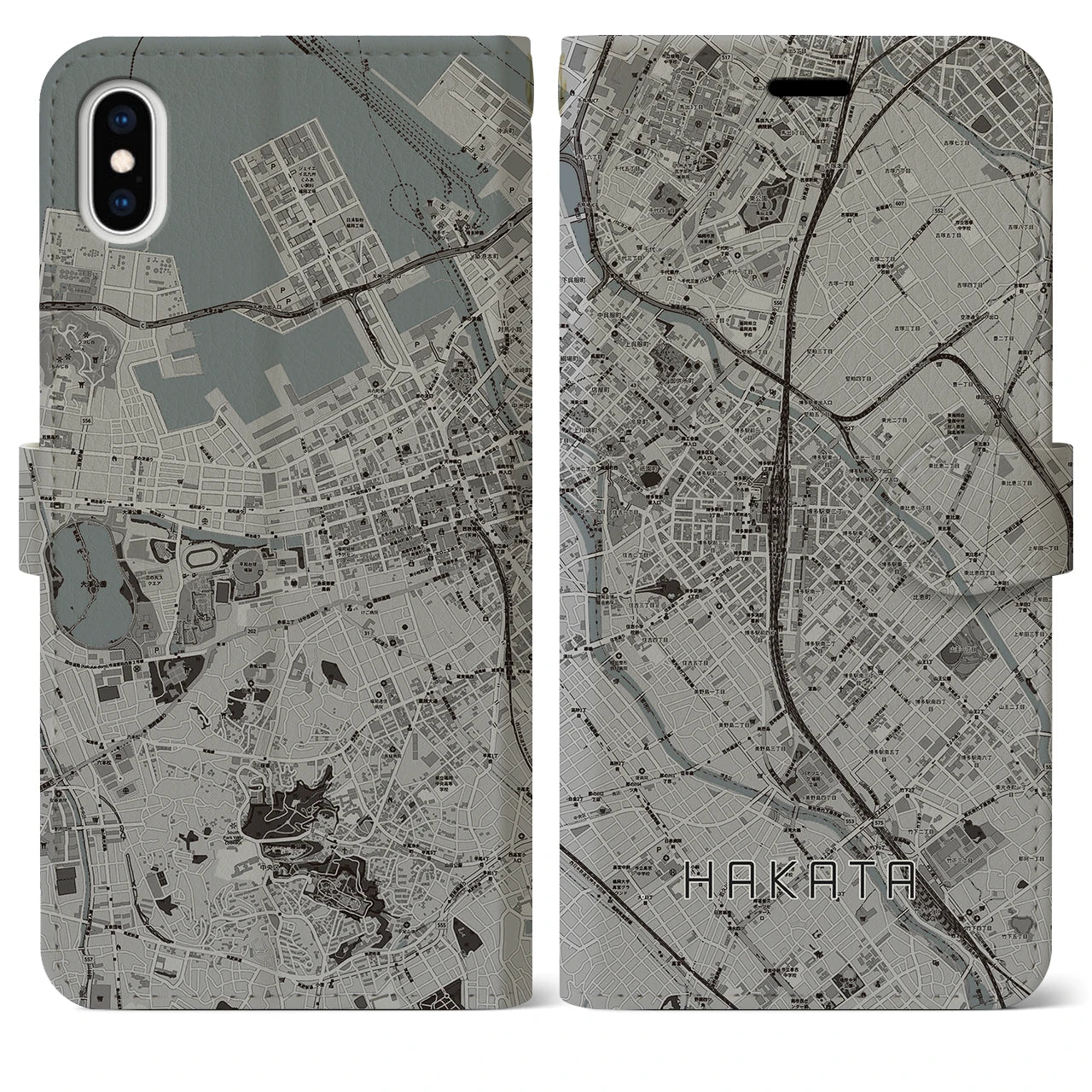 【博多2(福岡県)】地図柄iPhoneケース(手帳タイプ)モノトーン・iPhone XS Max 用