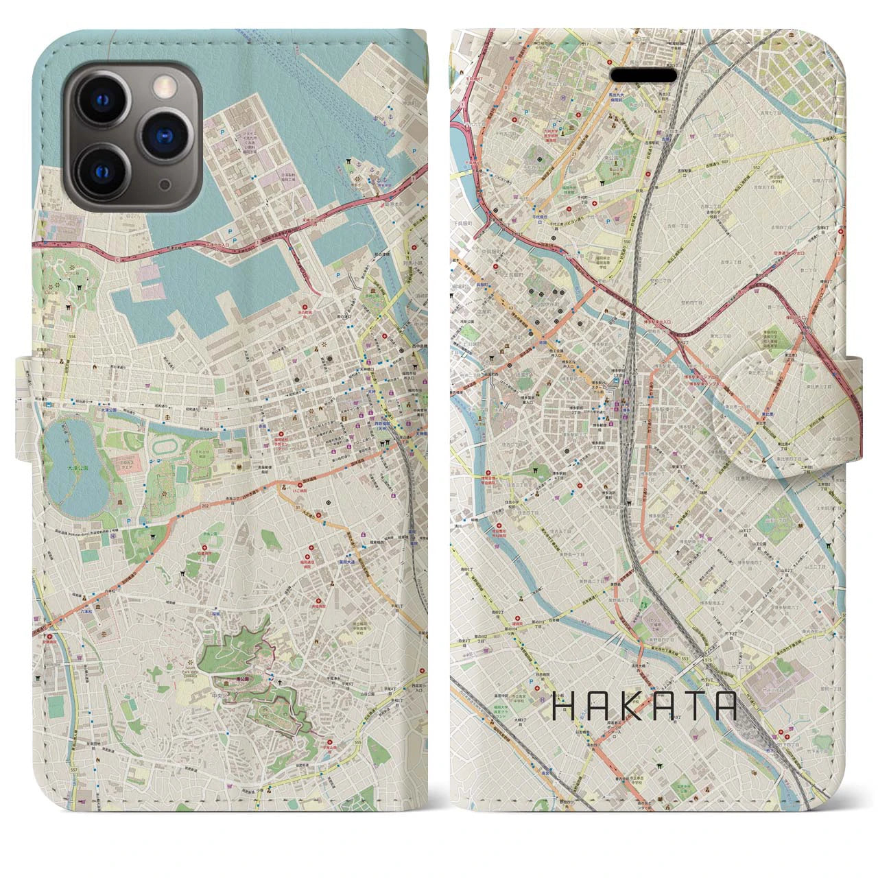 【博多2(福岡県)】地図柄iPhoneケース(手帳タイプ)ナチュラル・iPhone 11 Pro Max 用