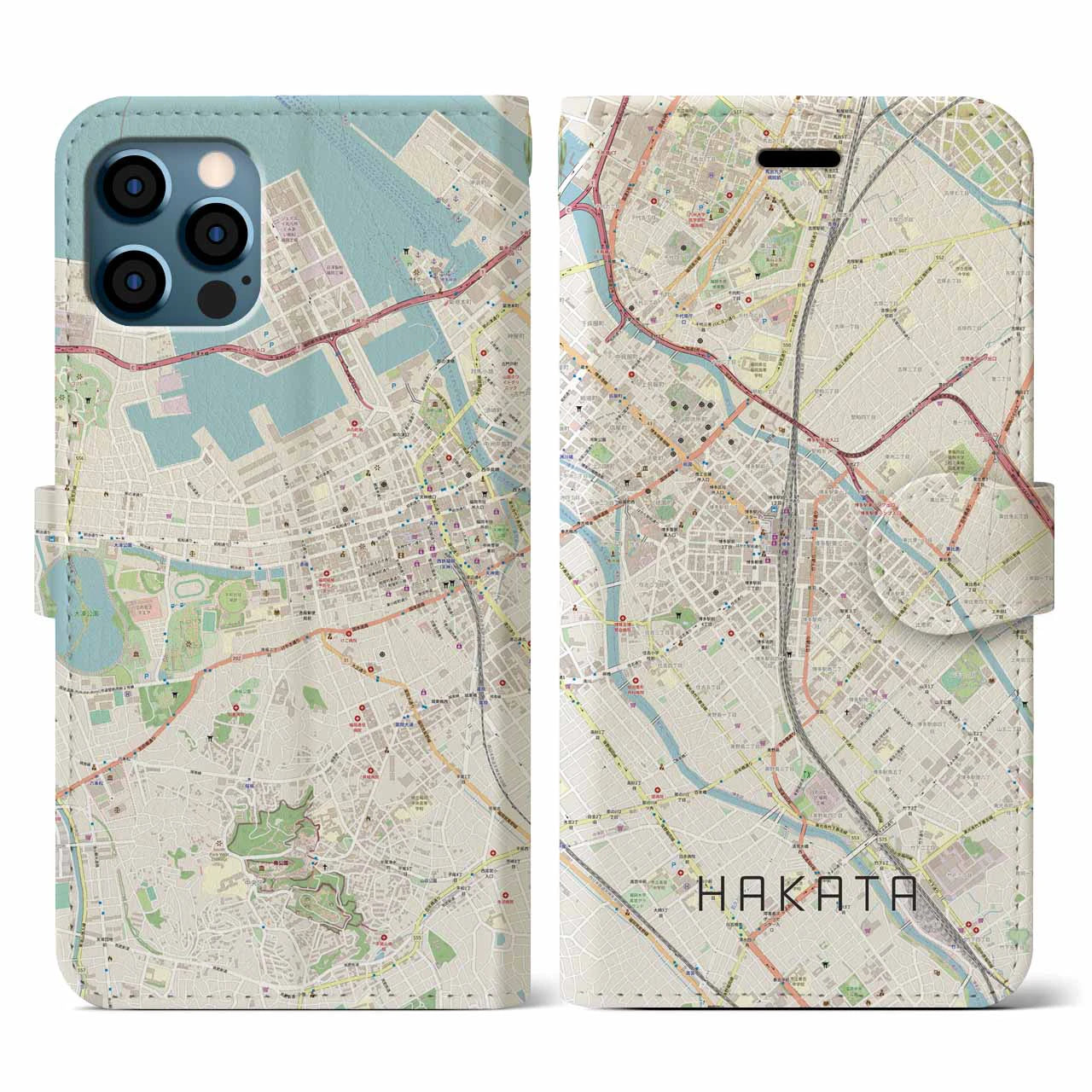 【博多2(福岡県)】地図柄iPhoneケース(手帳タイプ)ナチュラル・iPhone 12 / 12 Pro 用
