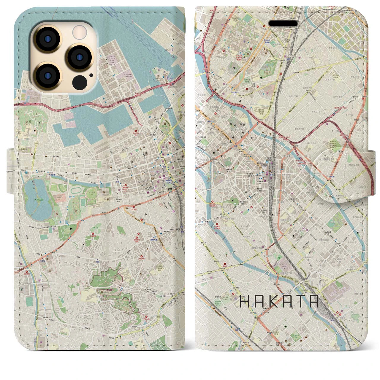 【博多2(福岡県)】地図柄iPhoneケース(手帳タイプ)ナチュラル・iPhone 12 Pro Max 用