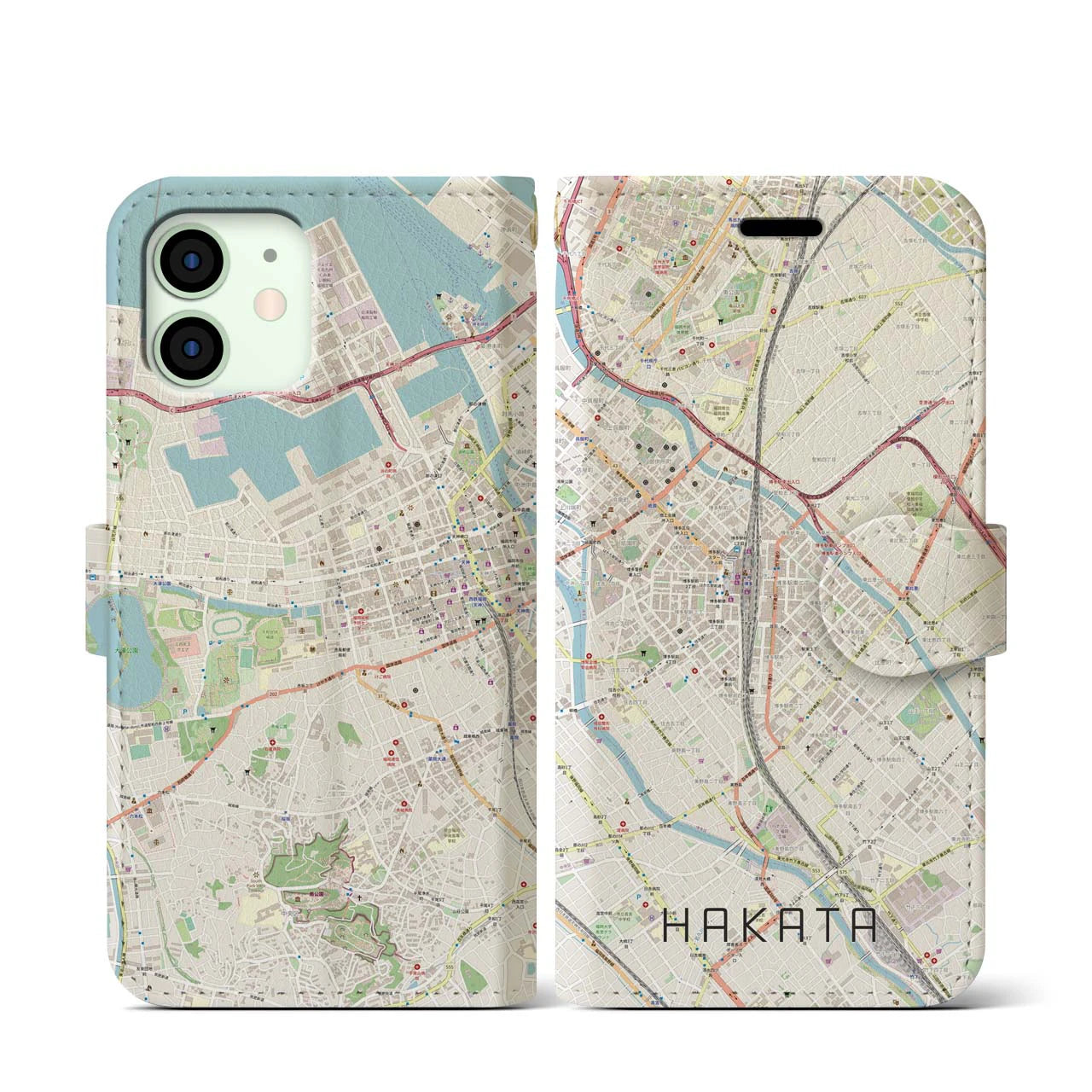 【博多2(福岡県)】地図柄iPhoneケース(手帳タイプ)ナチュラル・iPhone 12 mini 用