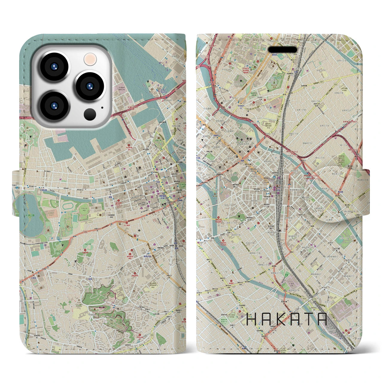 【博多2(福岡県)】地図柄iPhoneケース(手帳タイプ)ナチュラル・iPhone 13 Pro 用