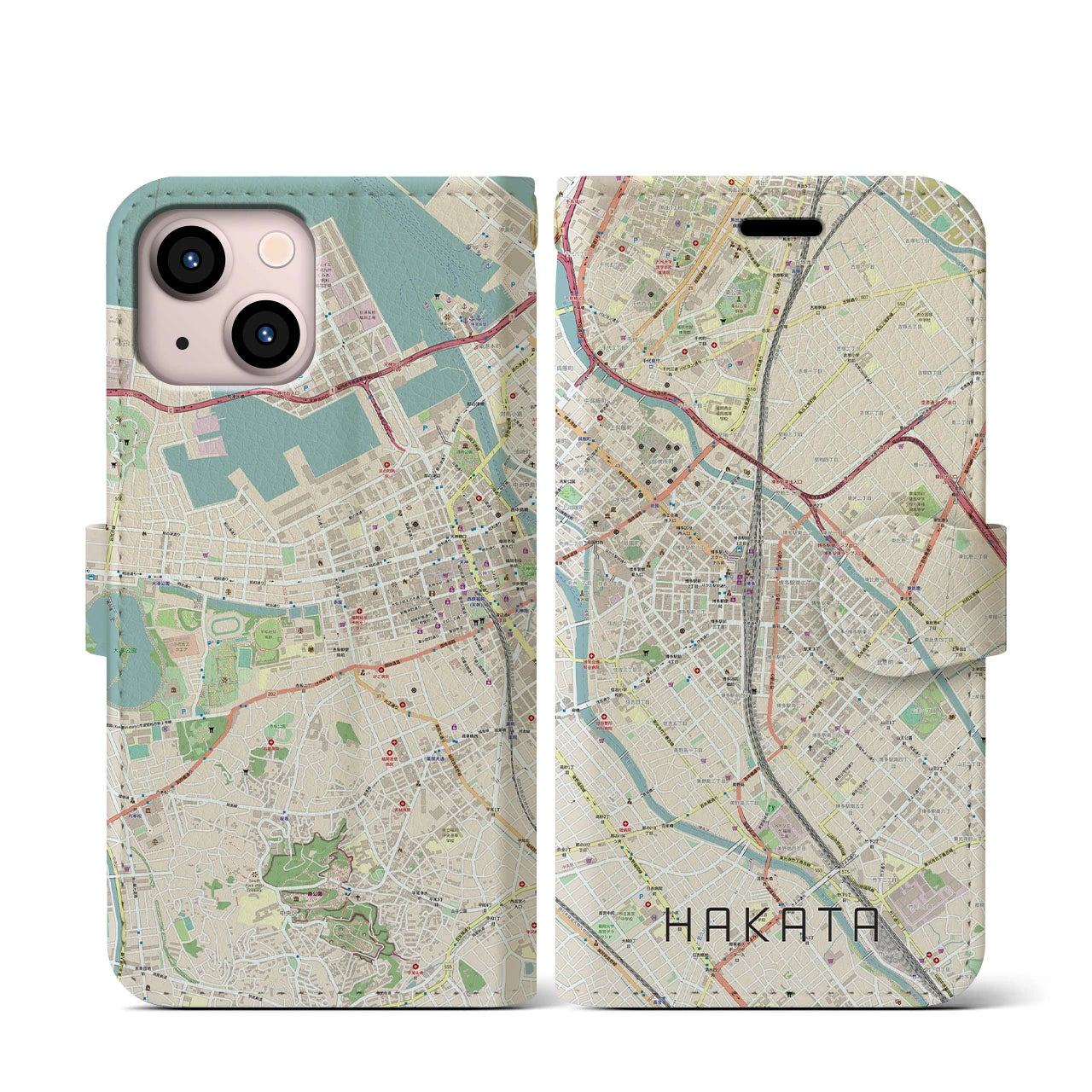 【博多2(福岡県)】地図柄iPhoneケース(手帳タイプ)ナチュラル・iPhone 13 mini 用