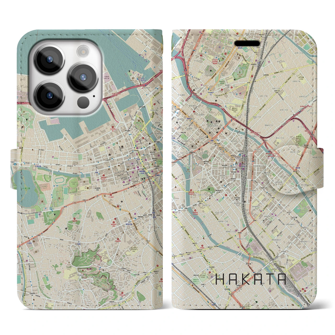 【博多2(福岡県)】地図柄iPhoneケース(手帳タイプ)ナチュラル・iPhone 14 Pro 用