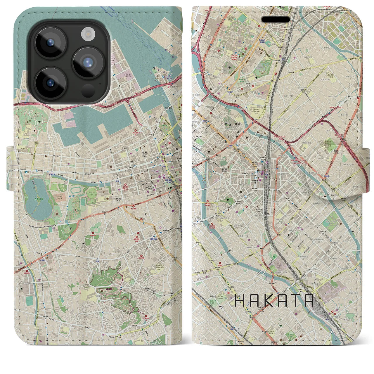 【博多2(福岡県)】地図柄iPhoneケース(手帳タイプ)ナチュラル・iPhone 15 Pro Max 用
